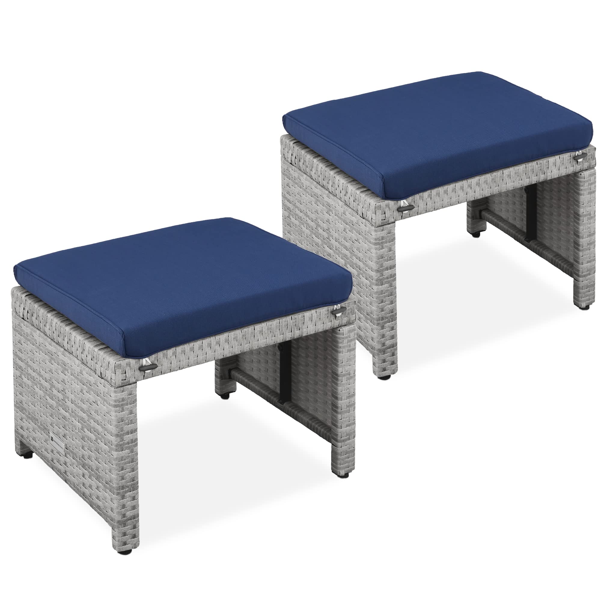 Best Choice Products Set of 2 Wicker Ottomans, Multipurpose Outdoor Furniture for Patio, Backyard, Additional Seating, Footrest, Side Table w/Removable Cushions, Steel Frame - Brown/Tan