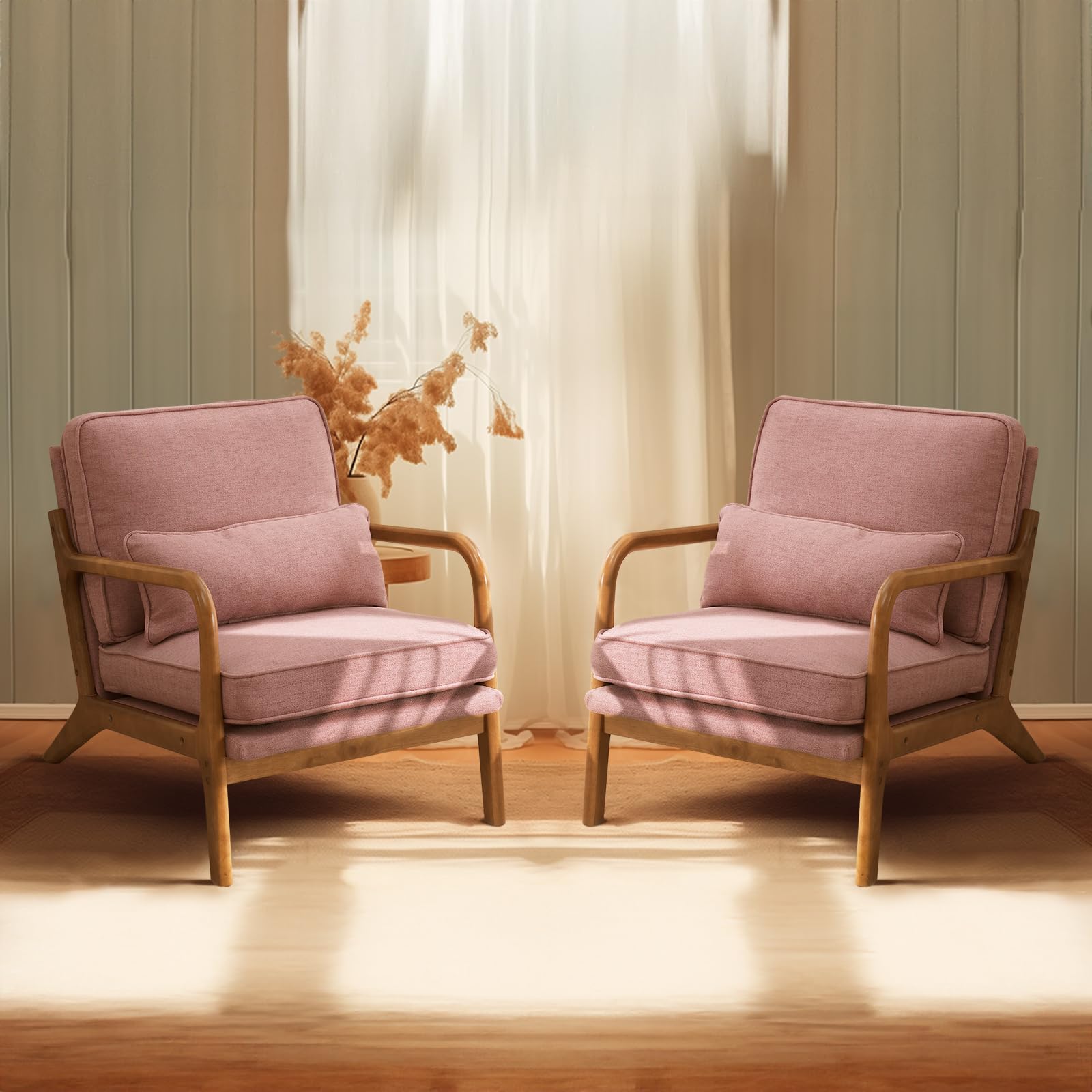 Bonnlo Set of 2 Beige Mid-Century Fabric Accent Chairs, Solid Wood Arm Lounge Chairs for Living Room Bedroom