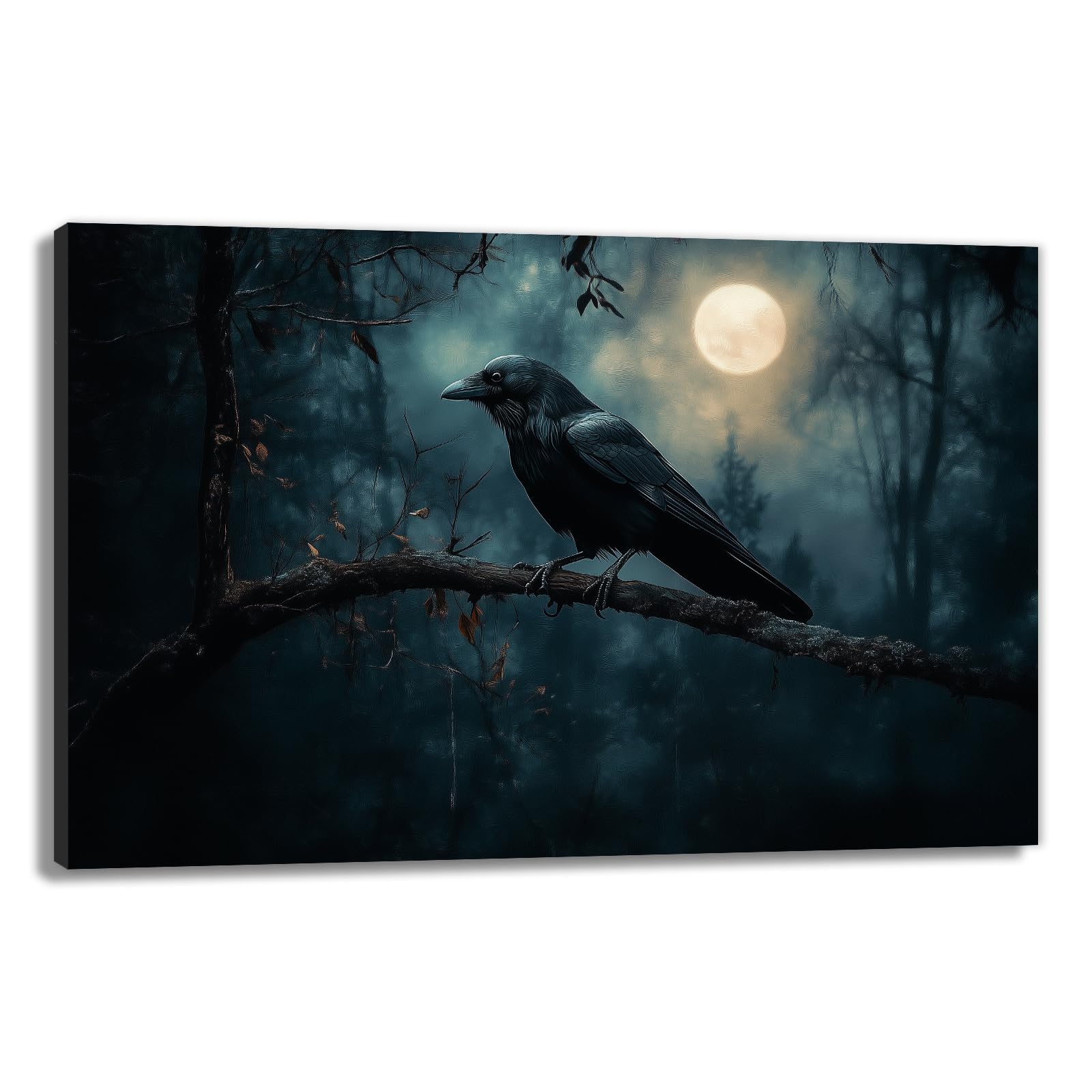 OAAPITI Crow Canvas Wall Art Black Crow Stand On The Branch Picture Print Moonlit Night Poster Vintage Forest Landscape Painting Artwork Living Room Halloween Decor(Artwork-1,16"x24")
