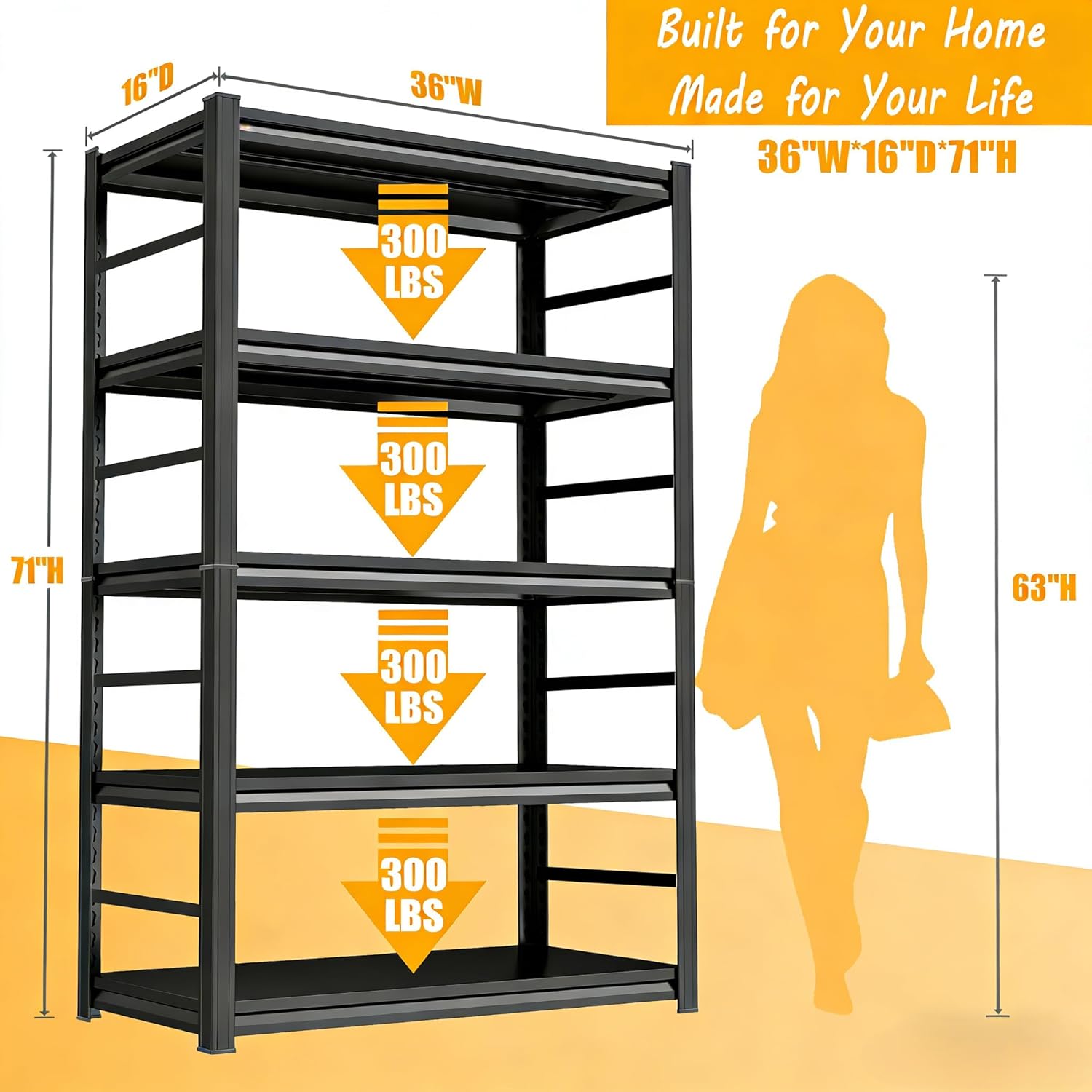 5-Tier Metal Bookshelf,Tall Book Shelf & Tall Printer Stand,36" W x 71" H Industrial Heavy Duty Metal Bookcase for Office, Home, Living Room - Adjustable Storage Rack, Easy Assembly, Black