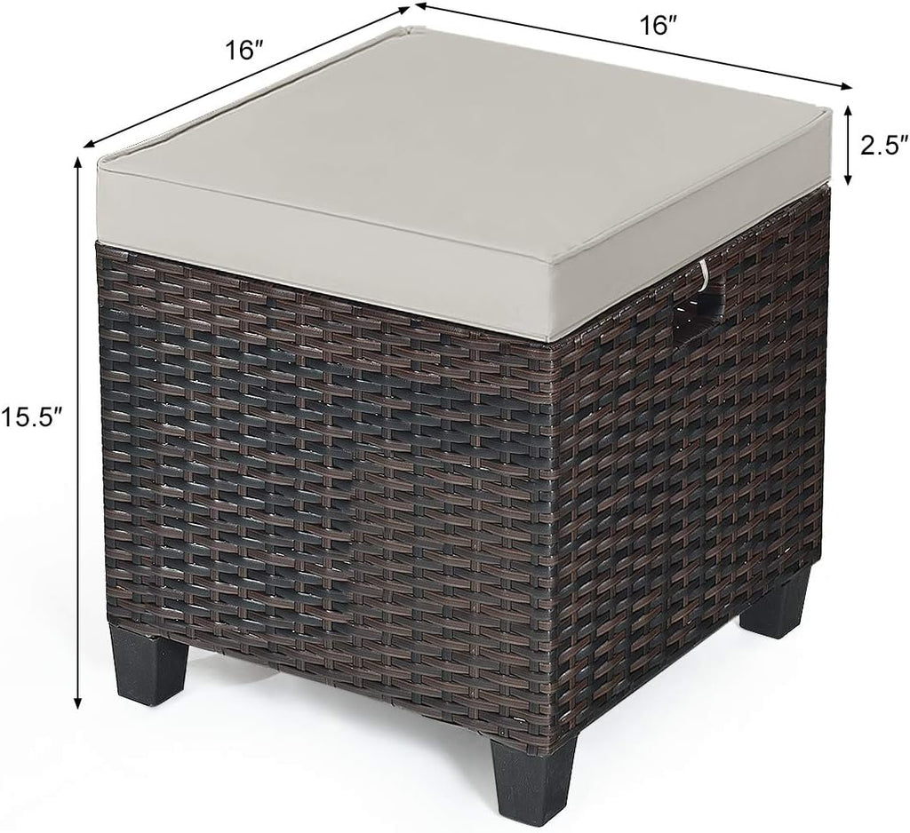 RELAX4LIFE 2-Piece Patio Ottoman Set - Wicker Footstools, All Weather PE Rattan Ottoman with Removable Cushions, Square Footrest Seat, Outdoor Stools for Garden, Porch, Pouf Ottoman (Brown)