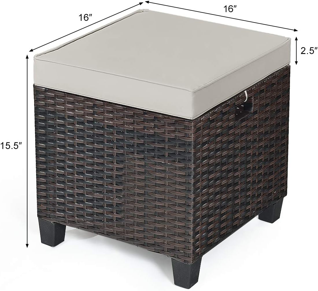 RELAX4LIFE 2-Piece Patio Ottoman Set - Wicker Footstools, All Weather PE Rattan Ottoman with Removable Cushions, Square Footrest Seat, Outdoor Stools for Garden, Porch, Pouf Ottoman (Brown)