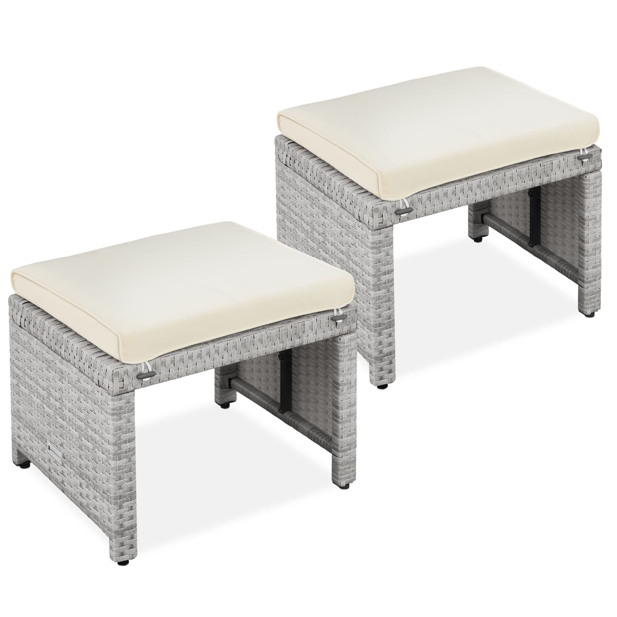 Best Choice Products Set of 2 Wicker Ottomans, Multipurpose Outdoor Furniture for Patio, Backyard, Additional Seating, Footrest, Side Table w/Removable Cushions, Steel Frame - Brown/Tan