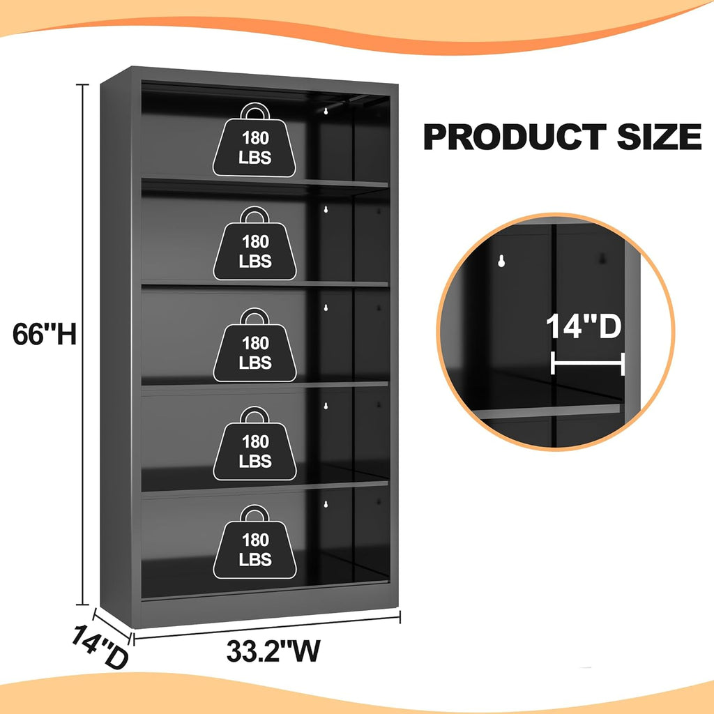 VASAAOSD 66" Tall Metal Bookcase, 5 Shelf Black Bookcase with Adjustable Shelves, Large Bookshelves and Bookcases, Modern Book Shelf Storage Organizer for Living Room, Home Office, Library (Black)