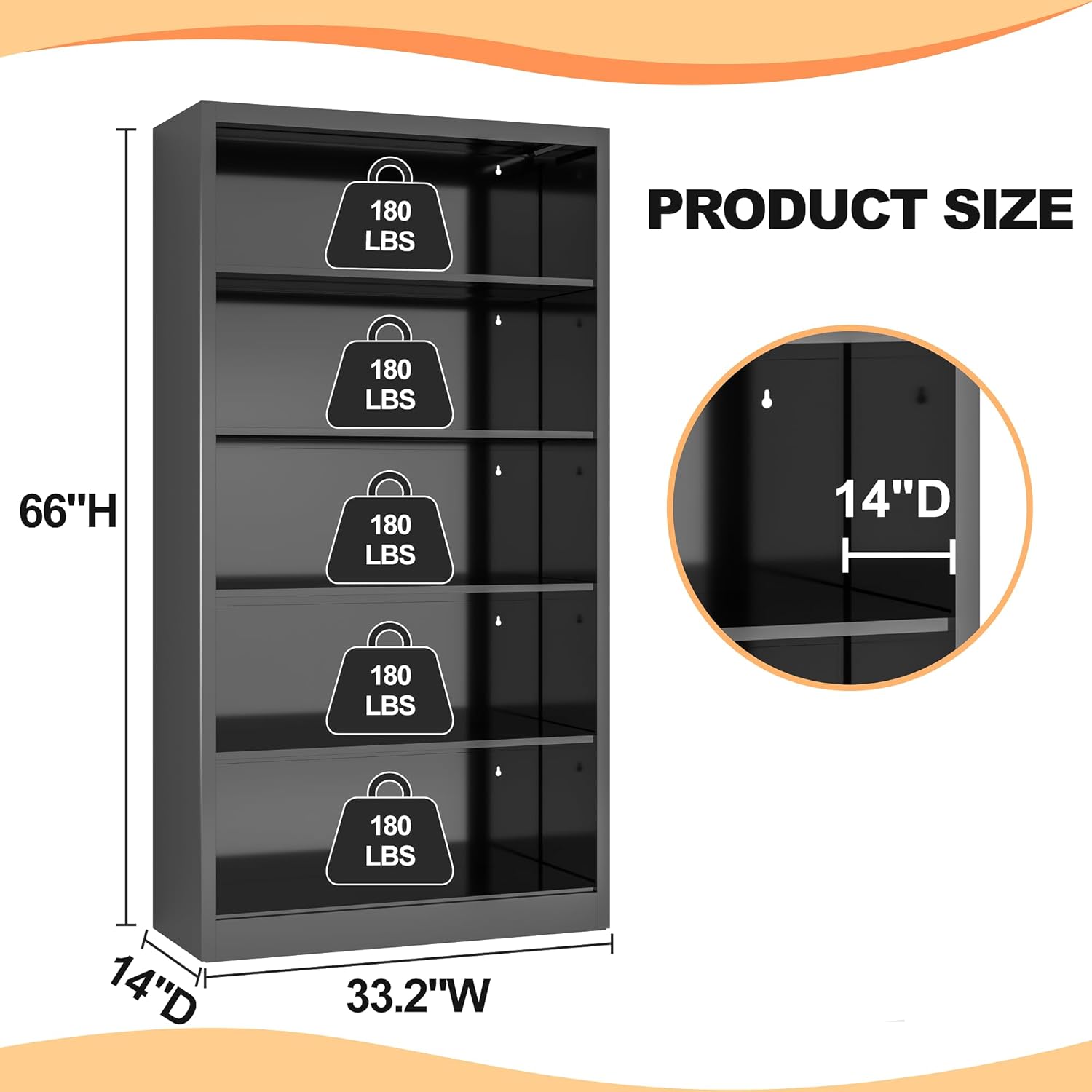VASAAOSD 66" Tall Metal Bookcase, 5 Shelf Black Bookcase with Adjustable Shelves, Large Bookshelves and Bookcases, Modern Book Shelf Storage Organizer for Living Room, Home Office, Library (Black)