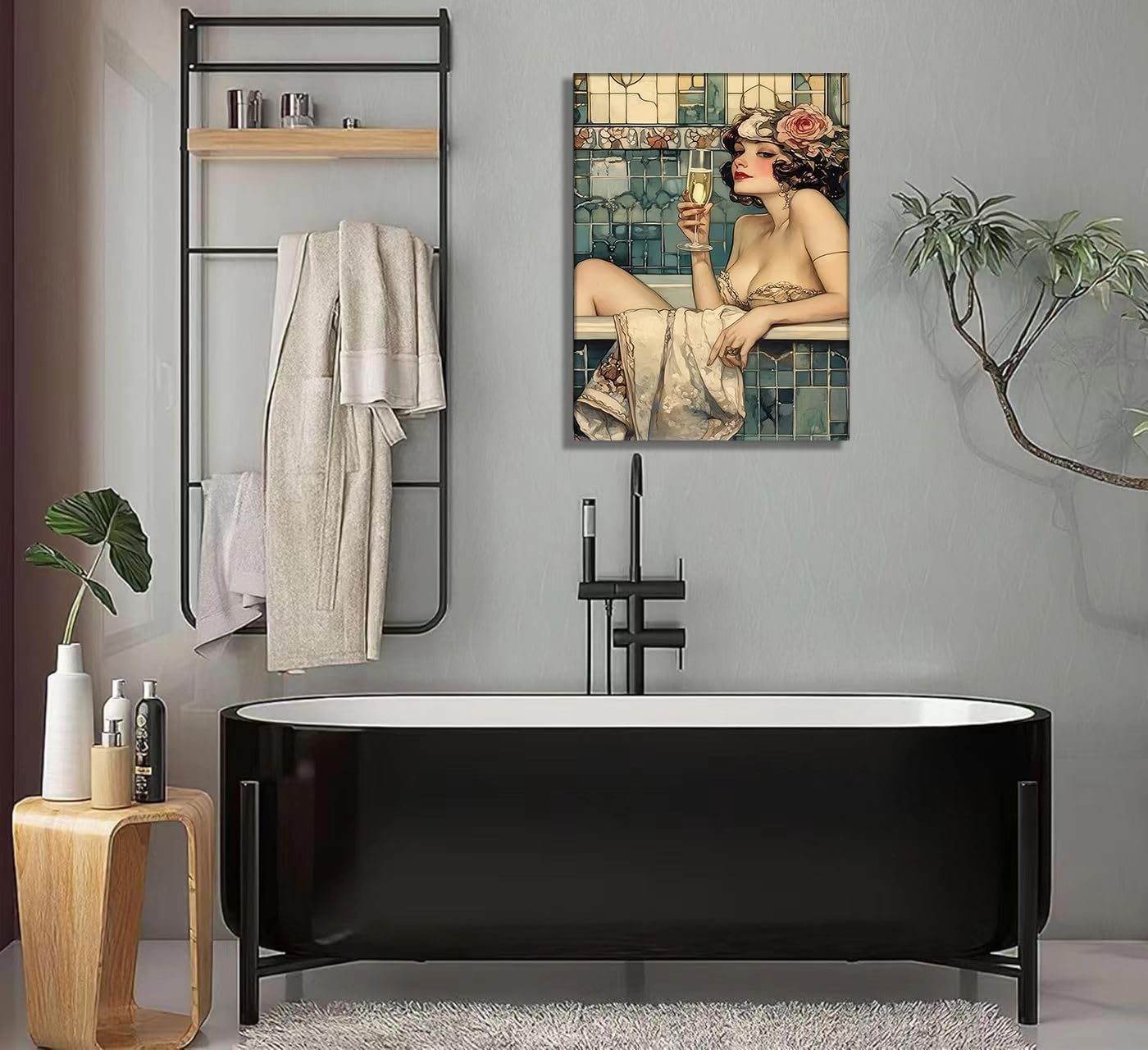 WWN Vintage Bathroom Canvas Wall Art Victorian Funky Woman in Bathtub Picture Wall Decor Trendy Champagne Bar Cart Decor Painting Poster Print for Bathroom Toilet Bar Home Decor,16x24in Wrapped Canvas