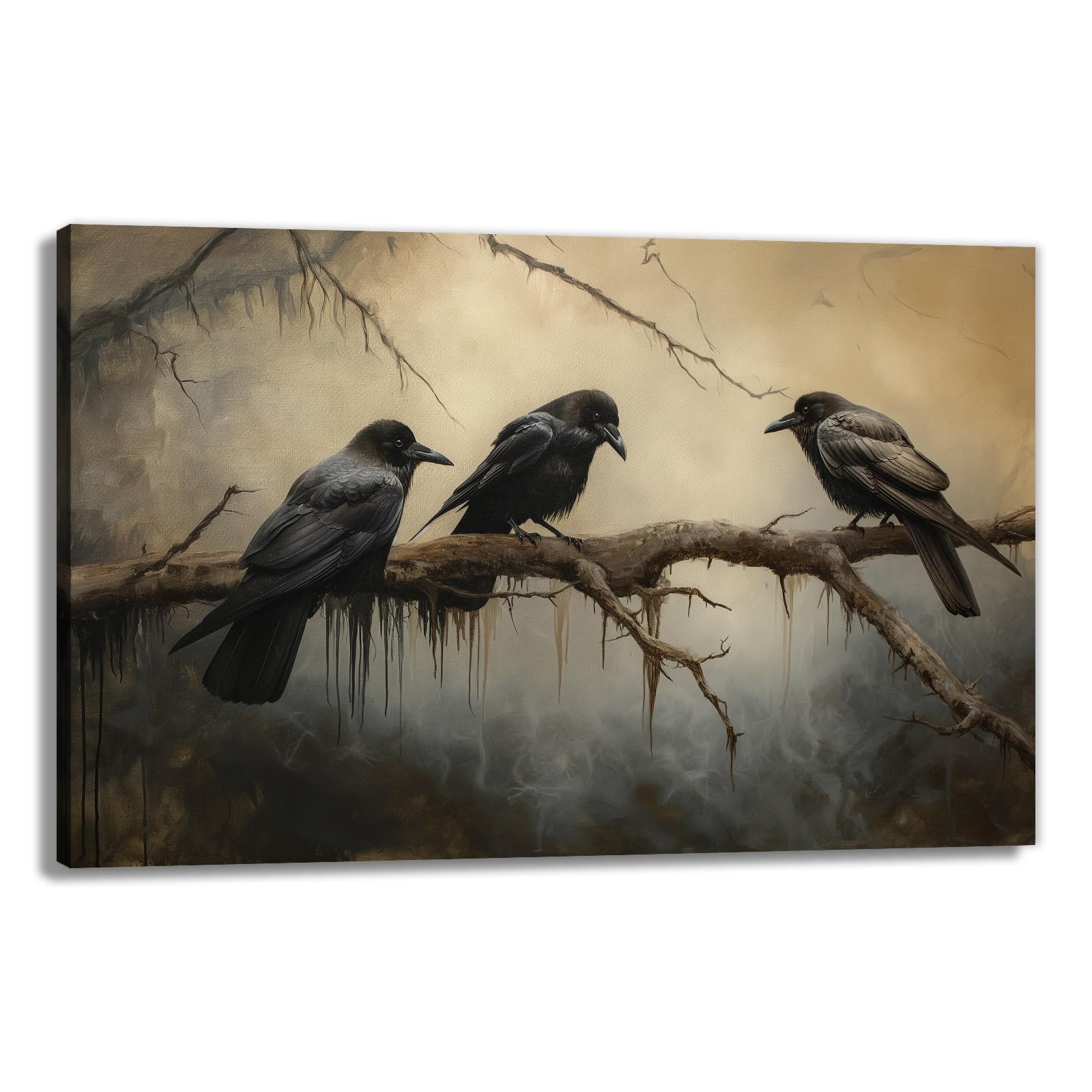 OAAPITI Crow Canvas Wall Art Black Crow Stand On The Branch Picture Print Moonlit Night Poster Vintage Forest Landscape Painting Artwork Living Room Halloween Decor(Artwork-1,16"x24")