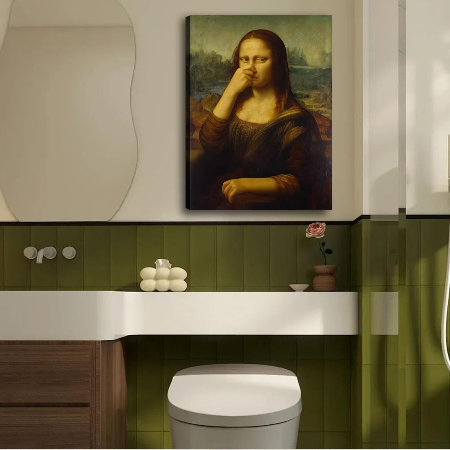 16"×24" Funny Pinching Nose Mona Lisa Canvas Wall Art, Vintage Humor Bathroom Decor Poster