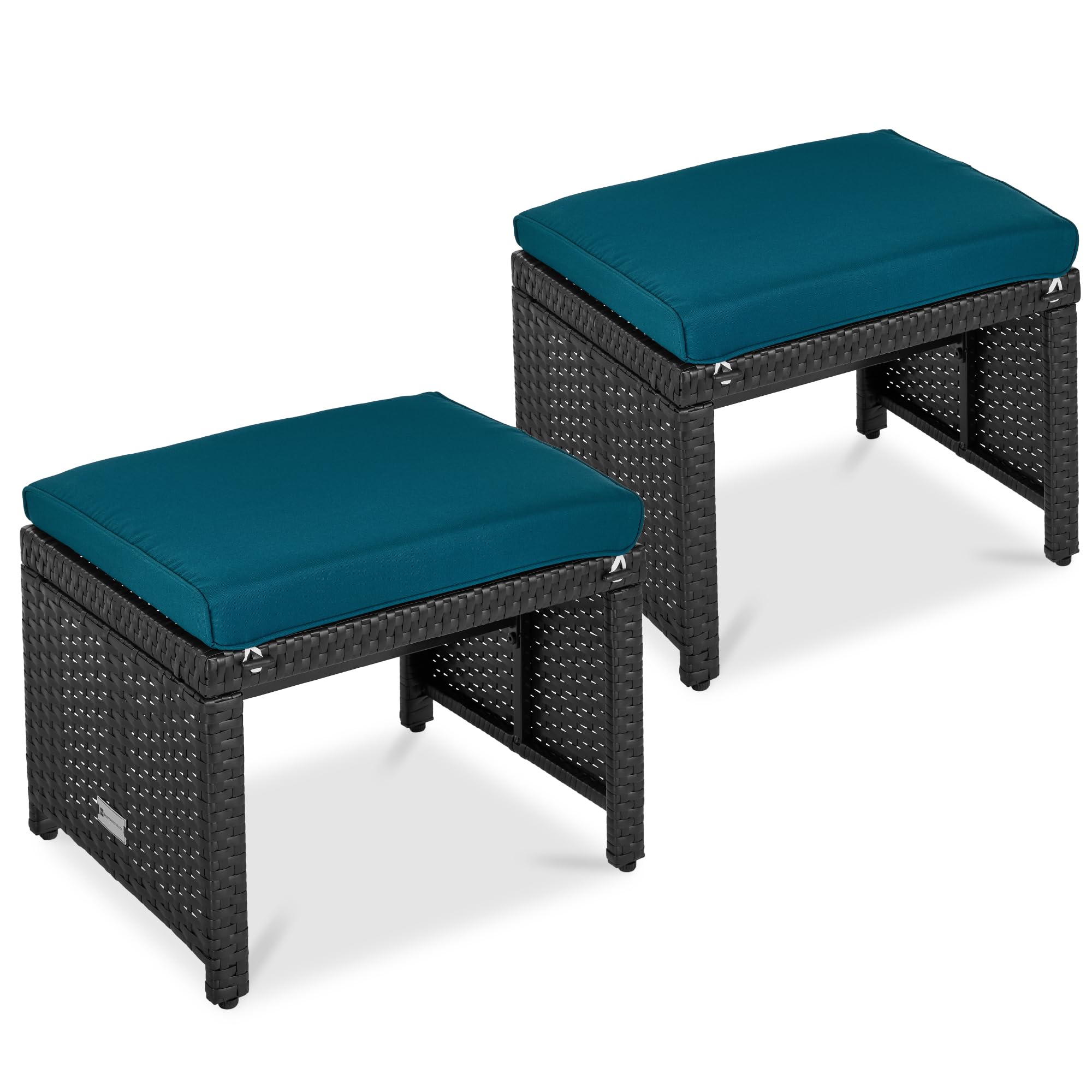 Best Choice Products Set of 2 Wicker Ottomans, Multipurpose Outdoor Furniture for Patio, Backyard, Additional Seating, Footrest, Side Table w/Removable Cushions, Steel Frame - Brown/Tan