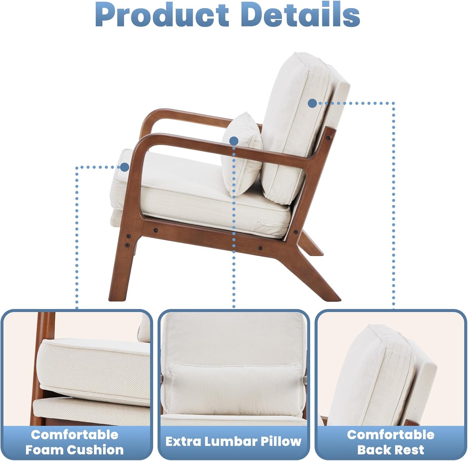 DUMOS Accent Chair Mid Century Modern Chair with Arms and Waist Cushion, Reading Chairs for Adults with Solid Frame, Lounge Side Sitting Armchair for Living Room, Bedroom, Balcony, Cream