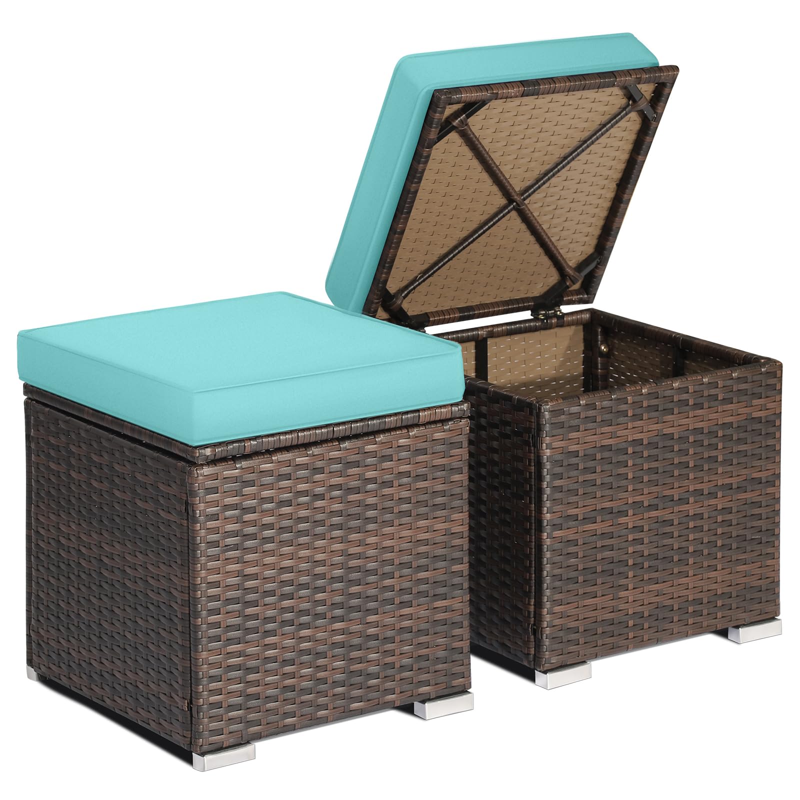 RELAX4LIFE Wicker Outdoor Storage Ottoman, 2-Piece Rattan Footstool w/Removable Cushion, Multipurpose Footrest Stool Side Table Additional Seating, Set of 2 Outdoor Ottomans for Patio Deck (Navy)