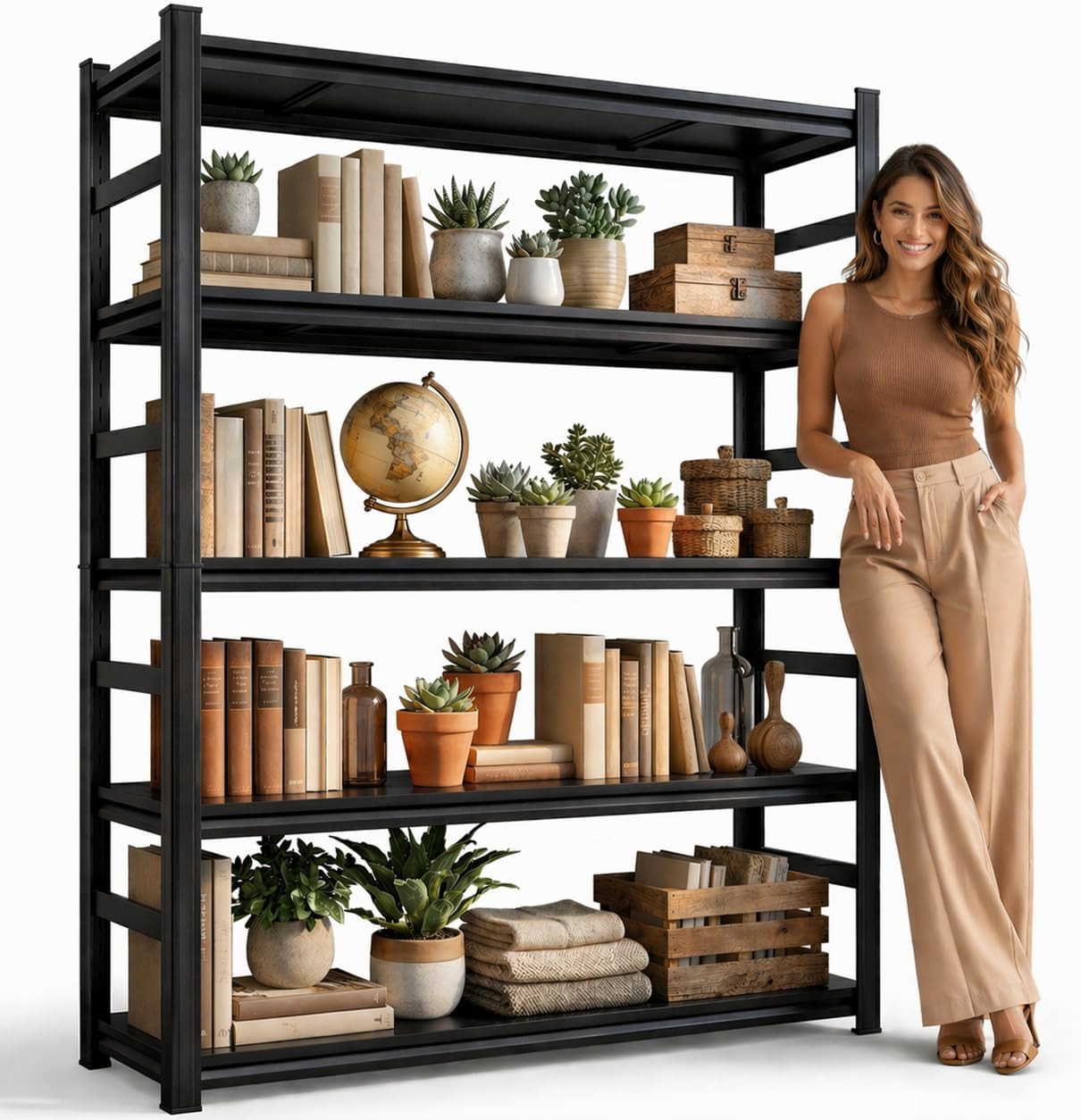 5 Tier Metal Bookshelf with Anti-Drop Fence, 72" H Adjustable Tall Bookcase, Heavy Duty 3000 LBS Modern Deep Book Shelf, Bolt-Free Storage Shelves for Living Room, Home Office, Garage