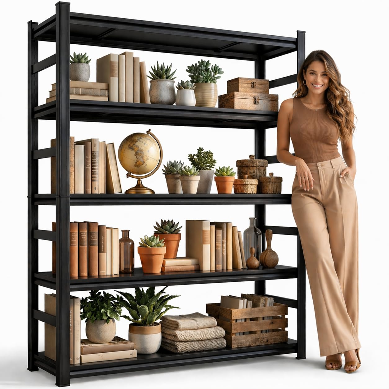 5 Tier Metal Bookshelf with Anti-Drop Fence, 72" H Adjustable Tall Bookcase, Heavy Duty 3000 LBS Modern Deep Book Shelf, Bolt-Free Storage Shelves for Living Room, Home Office, Garage