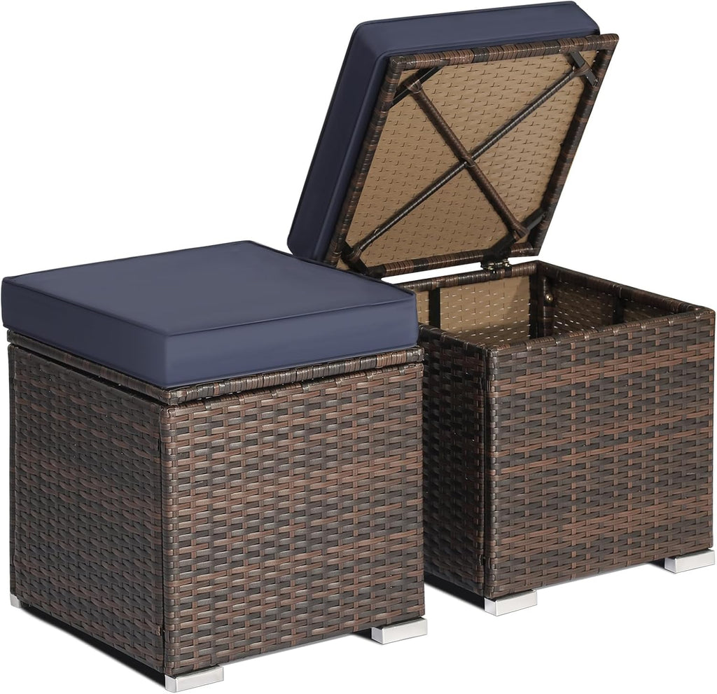 RELAX4LIFE Wicker Outdoor Storage Ottoman, 2-Piece Rattan Footstool w/Removable Cushion, Multipurpose Footrest Stool Side Table Additional Seating, Set of 2 Outdoor Ottomans for Patio Deck (Navy)