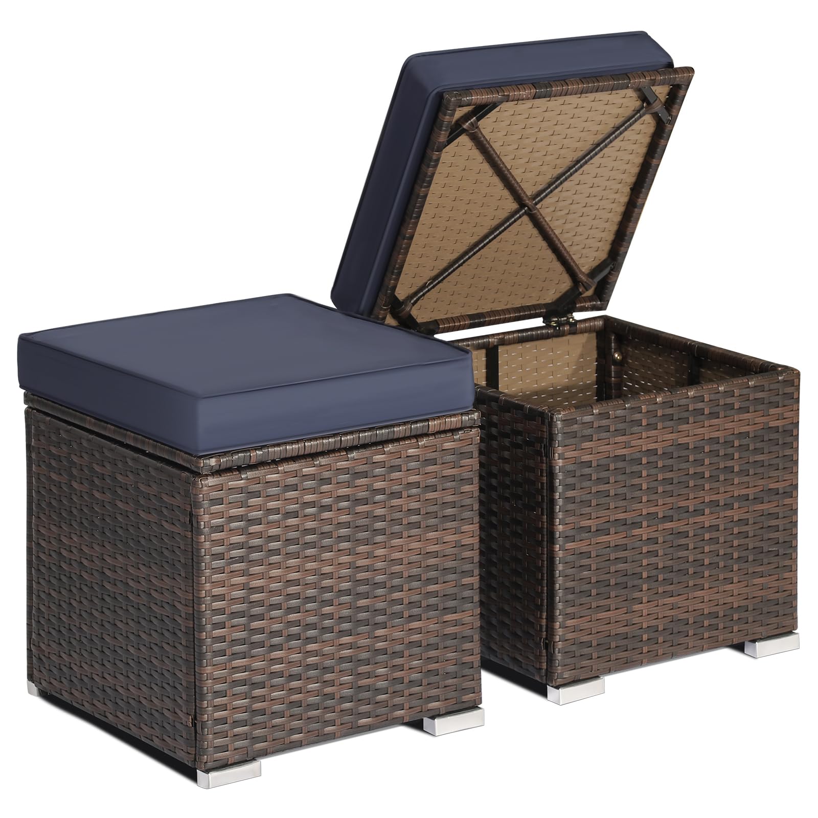RELAX4LIFE Wicker Outdoor Storage Ottoman, 2-Piece Rattan Footstool w/Removable Cushion, Multipurpose Footrest Stool Side Table Additional Seating, Set of 2 Outdoor Ottomans for Patio Deck (Navy)