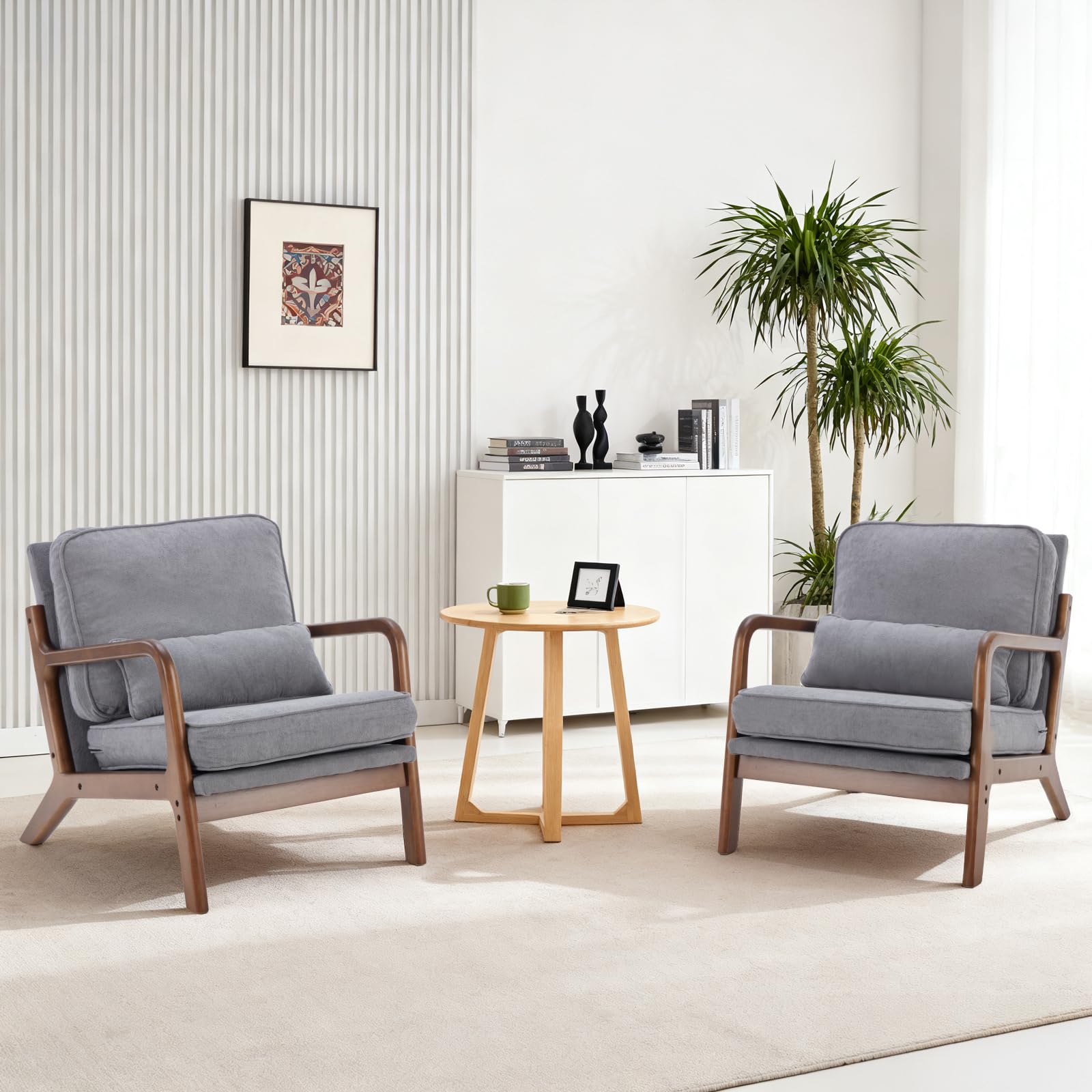 DUMOS Accent Chair Mid Century Modern Chair with Arms and Waist Cushion, Reading Chairs for Adults with Solid Frame, Lounge Side Sitting Armchair for Living Room, Bedroom, Balcony, Cream