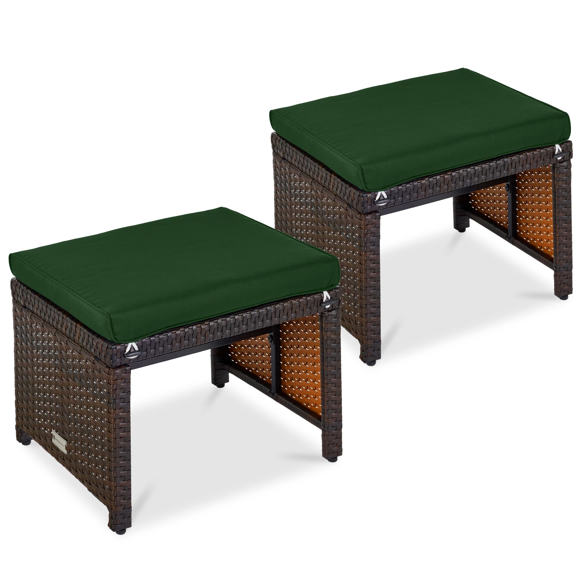 Best Choice Products Set of 2 Wicker Ottomans, Multipurpose Outdoor Furniture for Patio, Backyard, Additional Seating, Footrest, Side Table w/Removable Cushions, Steel Frame - Brown/Tan