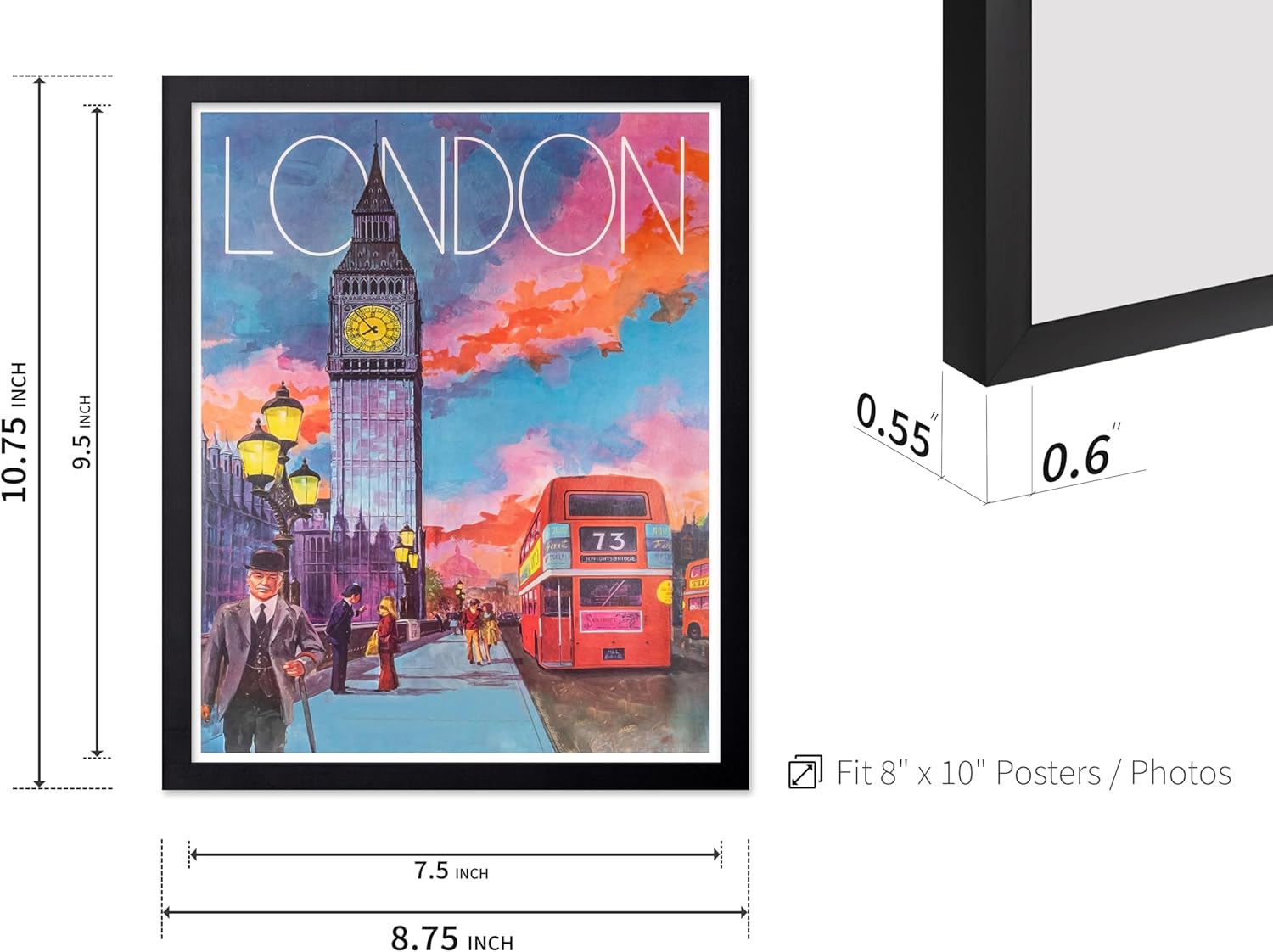 Poster Master Vintage Travel Poster - Retro London Print - Clock Tower Art - Gift for Him, Her, Travel Lover - Colorful Wall Decor for Bedroom, Living Room, Office, 8x10 Black Framed