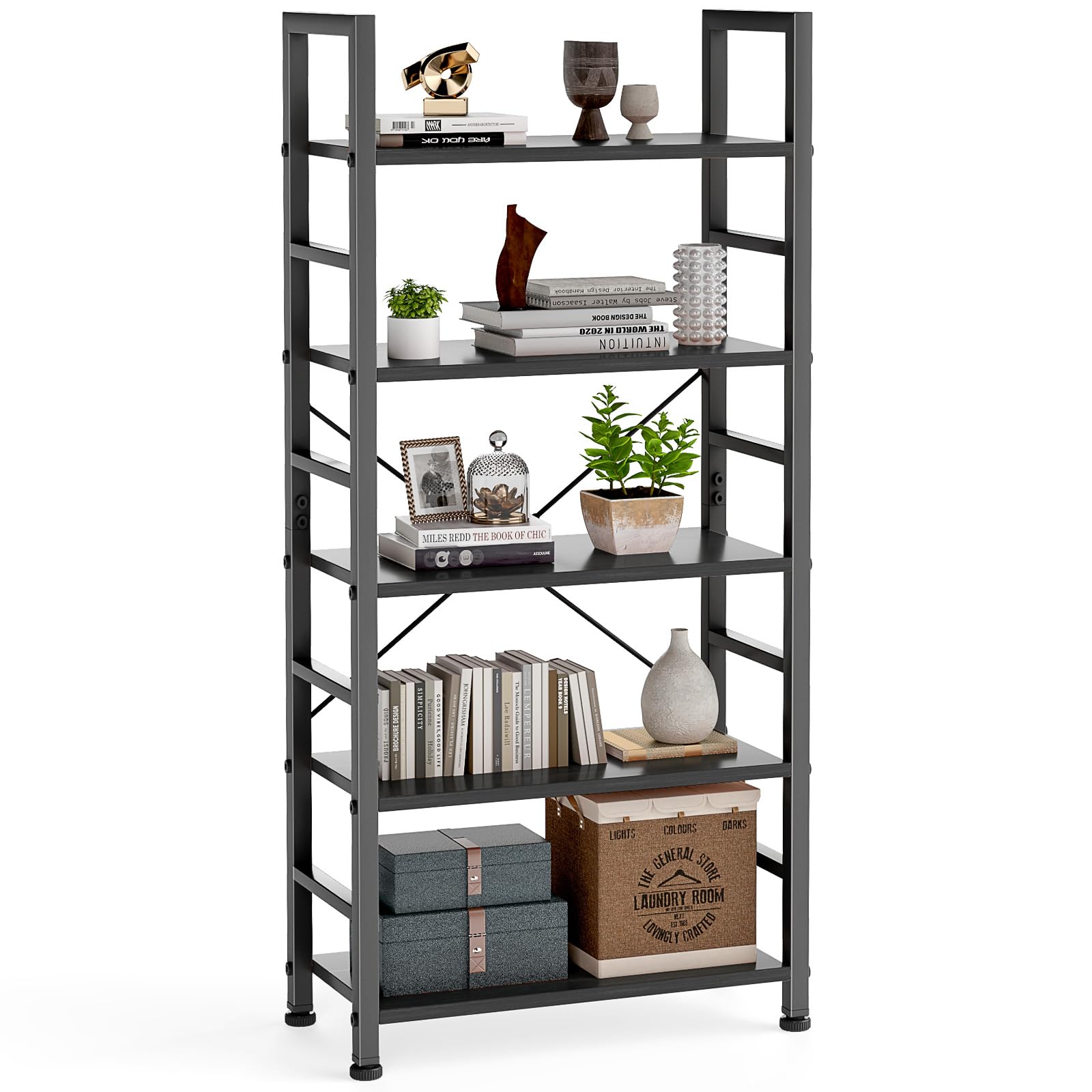 DUMOS 5-Tier Bookshelf, Modern Tall Bookcase, Open Storage Display Shelf for Living Room, Bedroom, Home Office, Narrow Standing Shelving Unit for Books, CDs, Décor，Modern Black