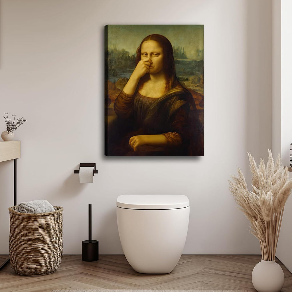 16"×24" Funny Pinching Nose Mona Lisa Canvas Wall Art, Vintage Humor Bathroom Decor Poster