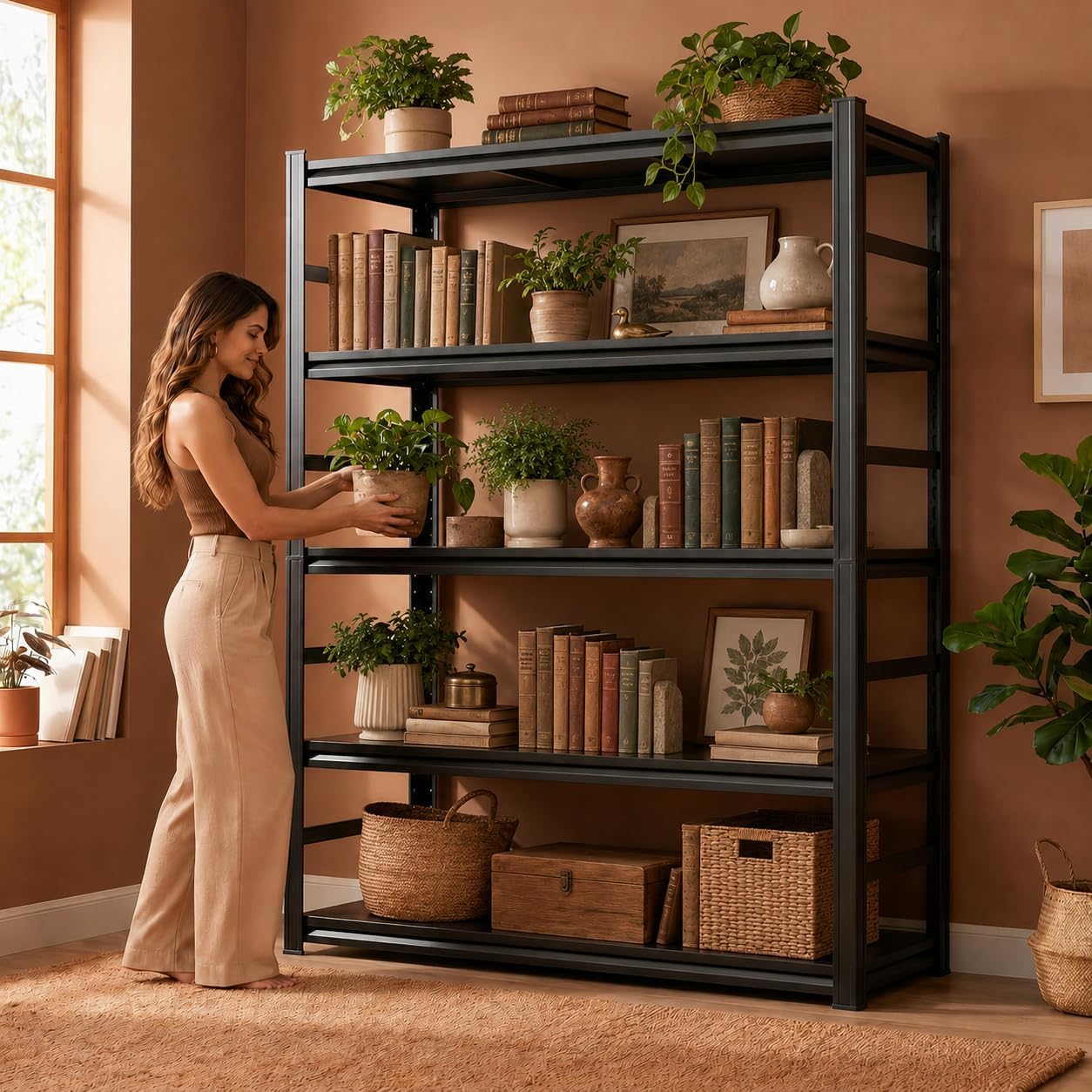 5 Tier Metal Bookshelf with Anti-Drop Fence, 72" H Adjustable Tall Bookcase, Heavy Duty 3000 LBS Modern Deep Book Shelf, Bolt-Free Storage Shelves for Living Room, Home Office, Garage