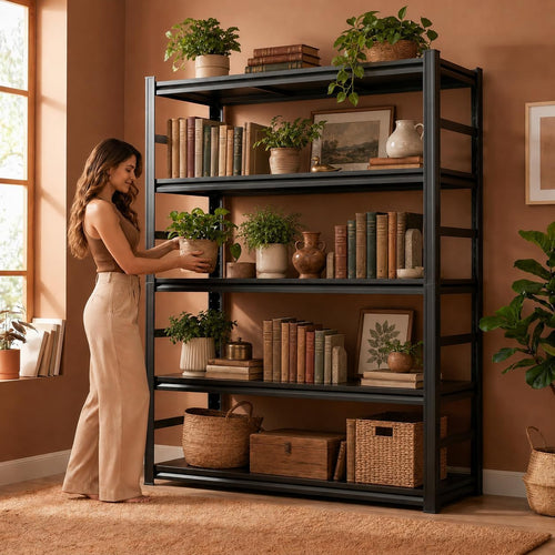 5 Tier Metal Bookshelf with Anti-Drop Fence, 72" H Adjustable Tall Bookcase, Heavy Duty 3000 LBS Modern Deep Book Shelf, Bolt-Free Storage Shelves for Living Room, Home Office, Garage