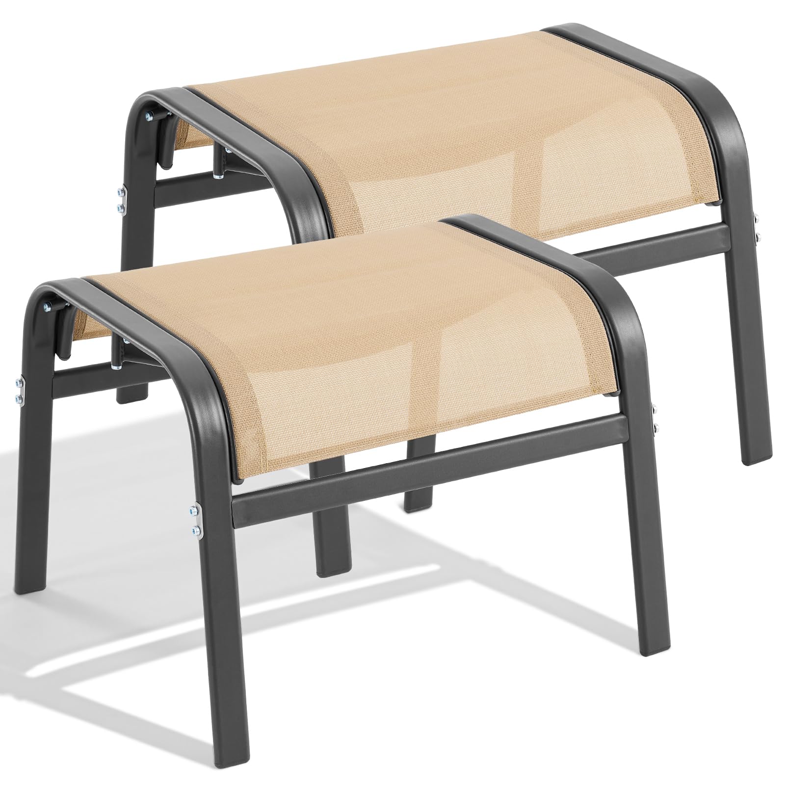 ONBRILL Outdoor Ottoman Set of 2, All Weather Outdoor Foot Stool with Supportive Textliene and Metal Frame, Stackable Oversized Outdoor Foot Rest for Furniture Patio Garden Pool, Grey