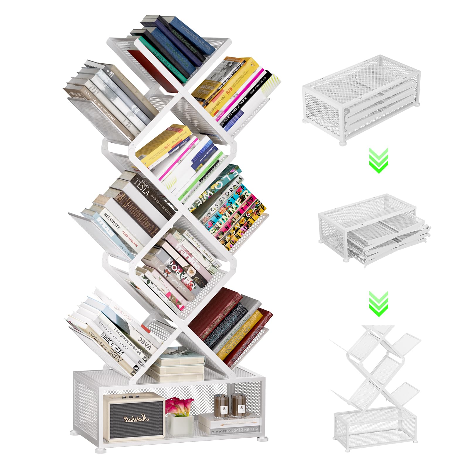 Gintan 9-Tier Space Saving Book Shelf with Storage,Bedroom Shelves Folding Bookshelves,No Installation Required Shelf Tree Metal Bookshelf for Living Room,Study,Home Office,Bed Room (Black)