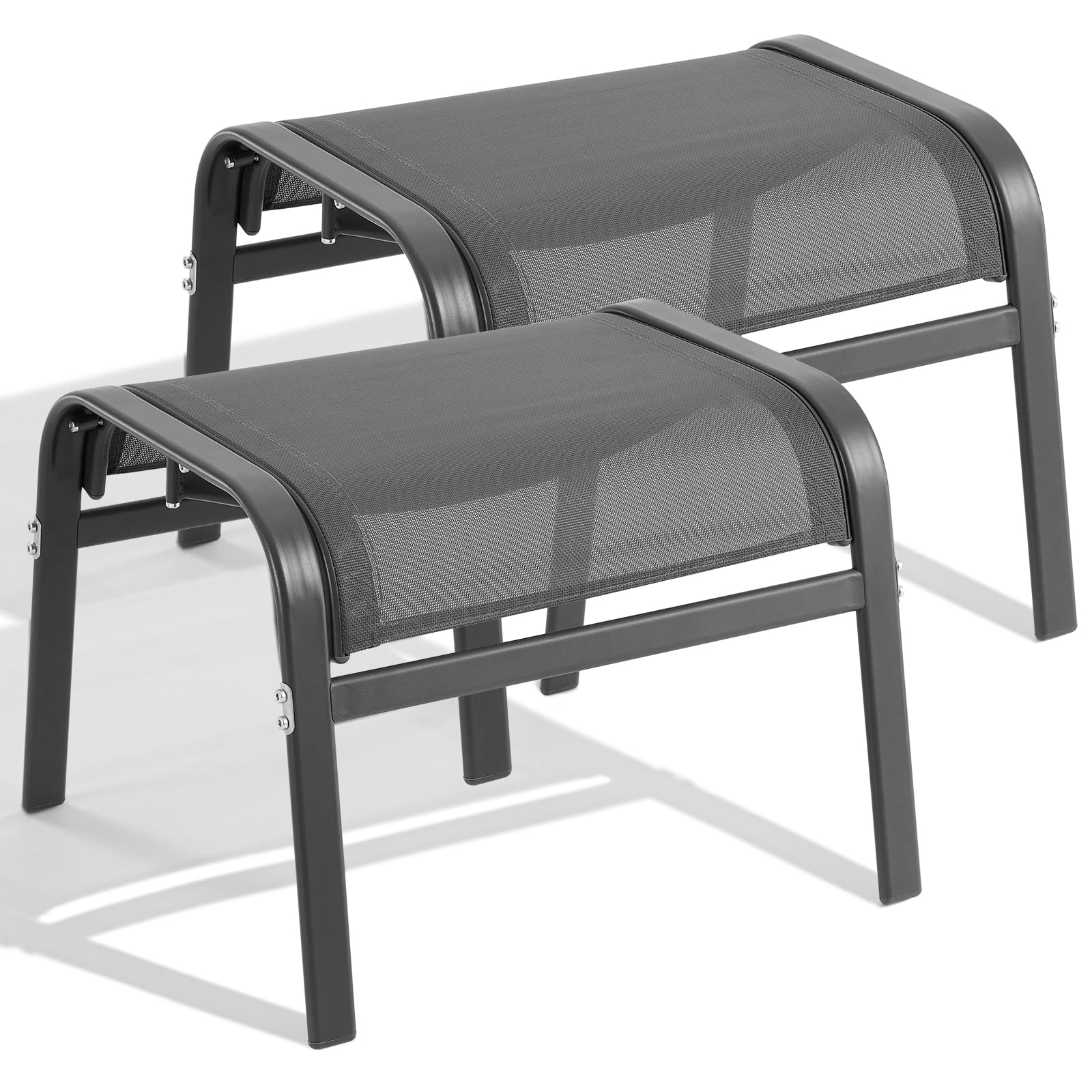 ONBRILL Outdoor Ottoman Set of 2, All Weather Outdoor Foot Stool with Supportive Textliene and Metal Frame, Stackable Oversized Outdoor Foot Rest for Furniture Patio Garden Pool, Grey