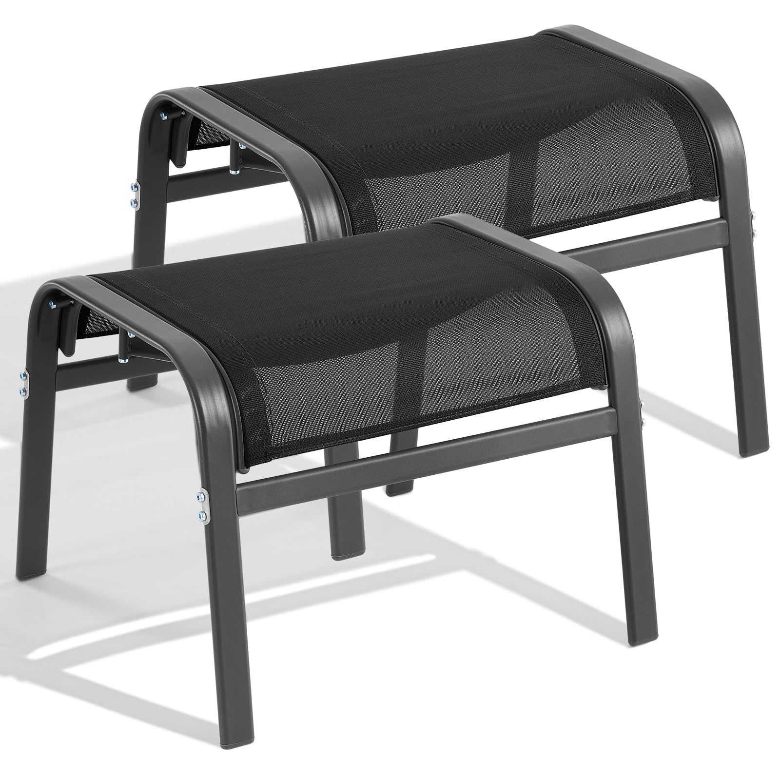 ONBRILL Outdoor Ottoman Set of 2, All Weather Outdoor Foot Stool with Supportive Textliene and Metal Frame, Stackable Oversized Outdoor Foot Rest for Furniture Patio Garden Pool, Grey
