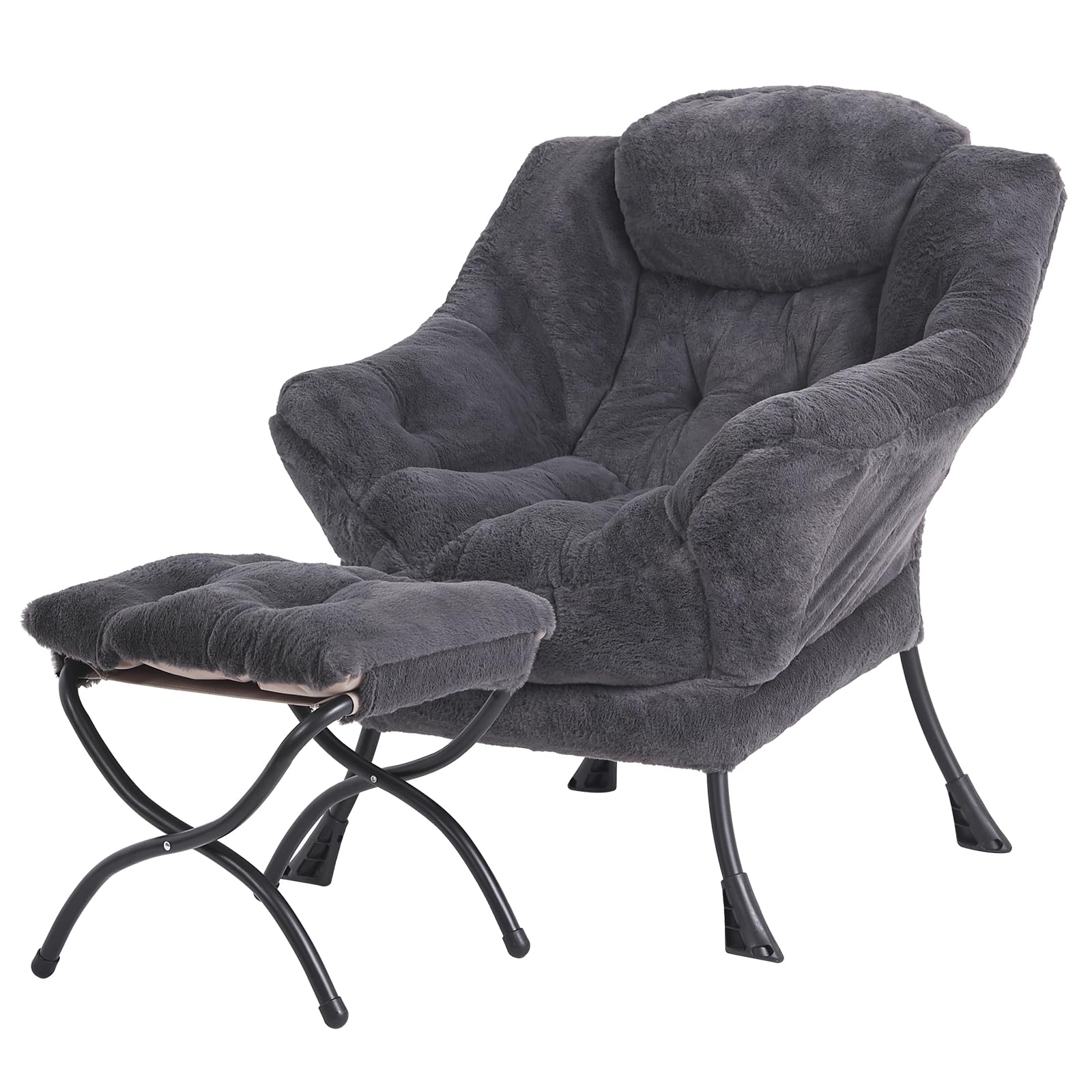 Tiita Modern Large Accent Chair with Ottoman, Comfy Leisure Sofa Armchair with Footrest, Reading Chair for Bedroom, Living Room, Dorm Rooms, Garden Dark Grey