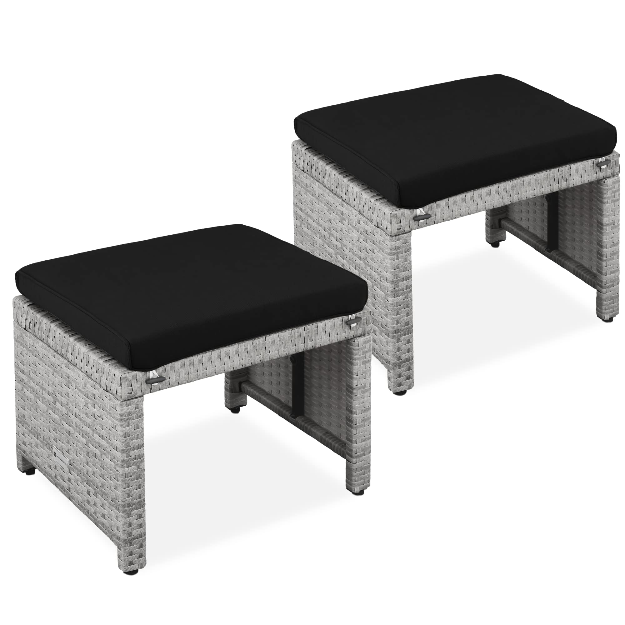 Best Choice Products Set of 2 Wicker Ottomans, Multipurpose Outdoor Furniture for Patio, Backyard, Additional Seating, Footrest, Side Table w/Removable Cushions, Steel Frame - Brown/Tan