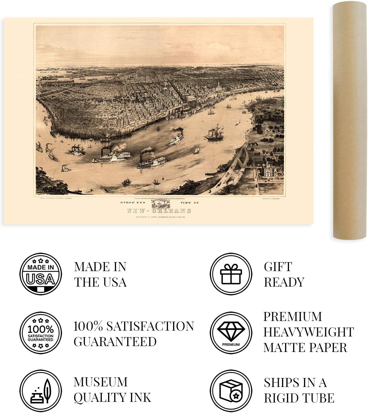 HISTORIX Vintage 1851 New Orleans Louisiana Map - 24x36 Inch Vintage Map of New Orleans Wall Art - New Orleans Vintage Map Poster - Historic Birds Eye View of New Orleans Vintage Map