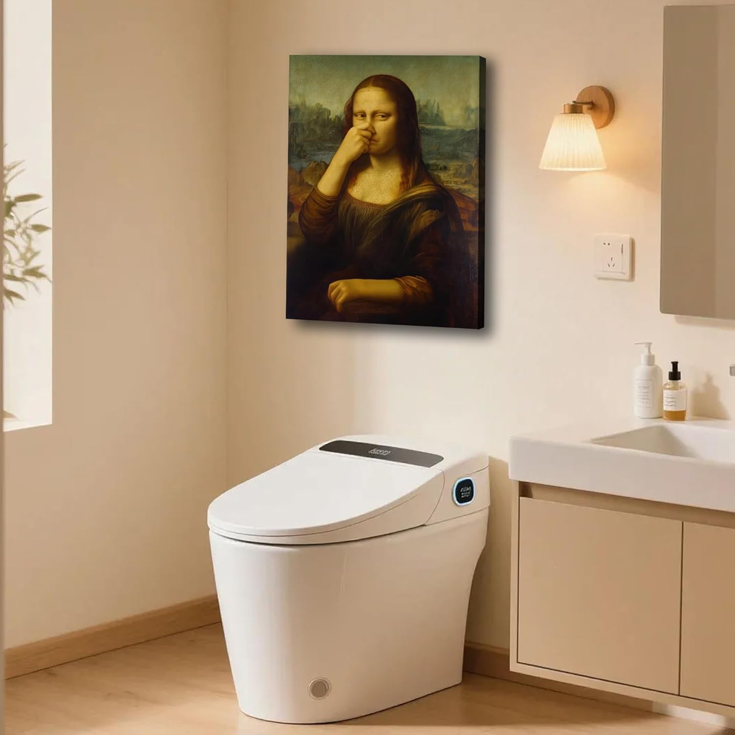 16"×24" Funny Pinching Nose Mona Lisa Canvas Wall Art, Vintage Humor Bathroom Decor Poster