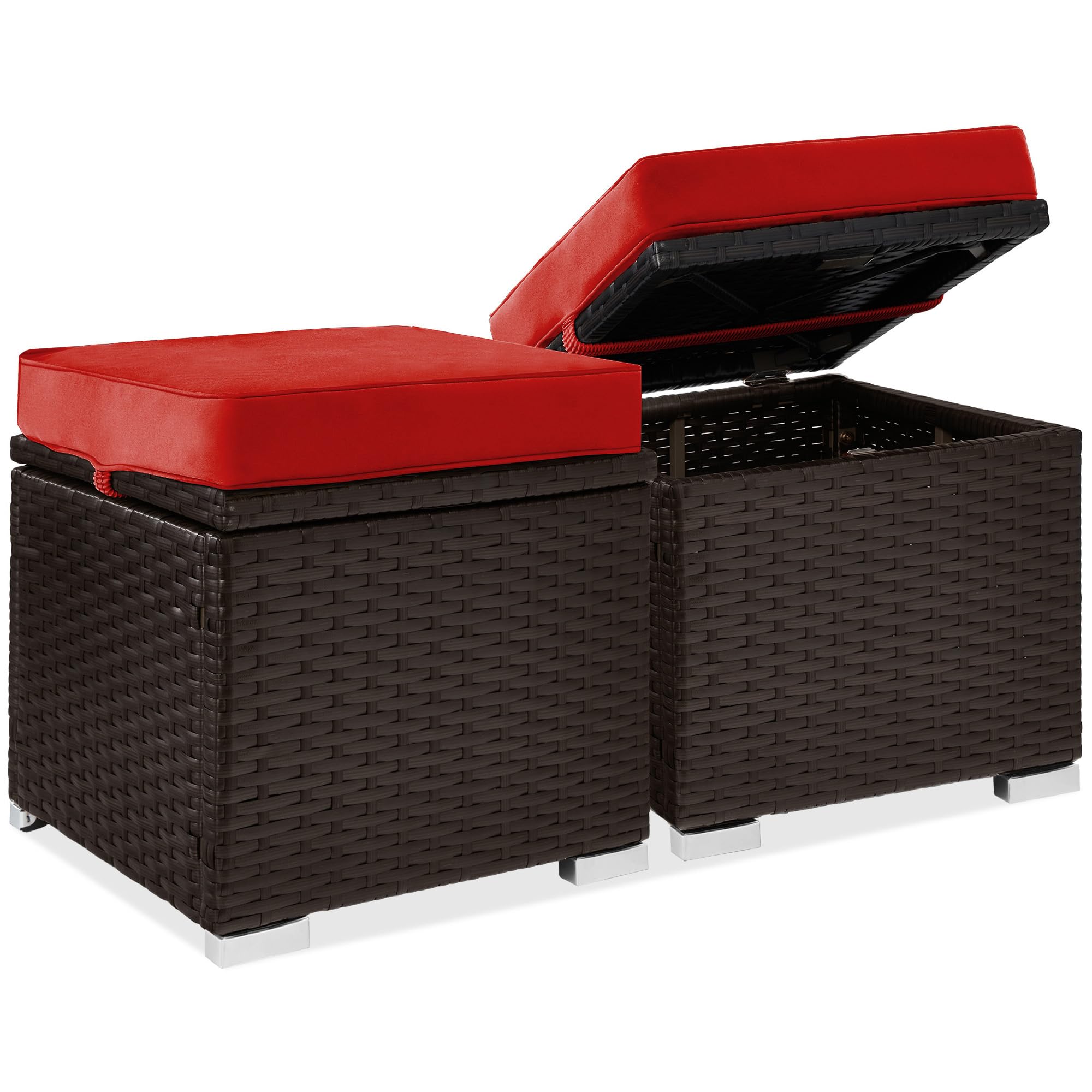 Best Choice Products Set of 2 Wicker Ottomans, Multipurpose Outdoor Furniture for Patio, Backyard, Additional Seating, Footrest, Side Table w/Storage, Removable Cushions - Brown/Beige