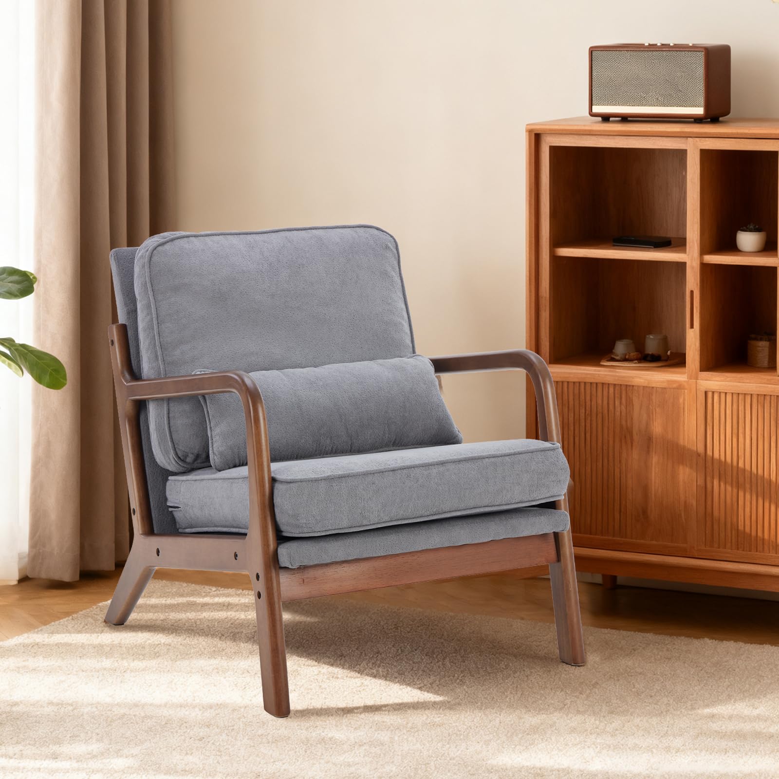 DUMOS Accent Chair Mid Century Modern Chair with Arms and Waist Cushion, Reading Chairs for Adults with Solid Frame, Lounge Side Sitting Armchair for Living Room, Bedroom, Balcony, Cream