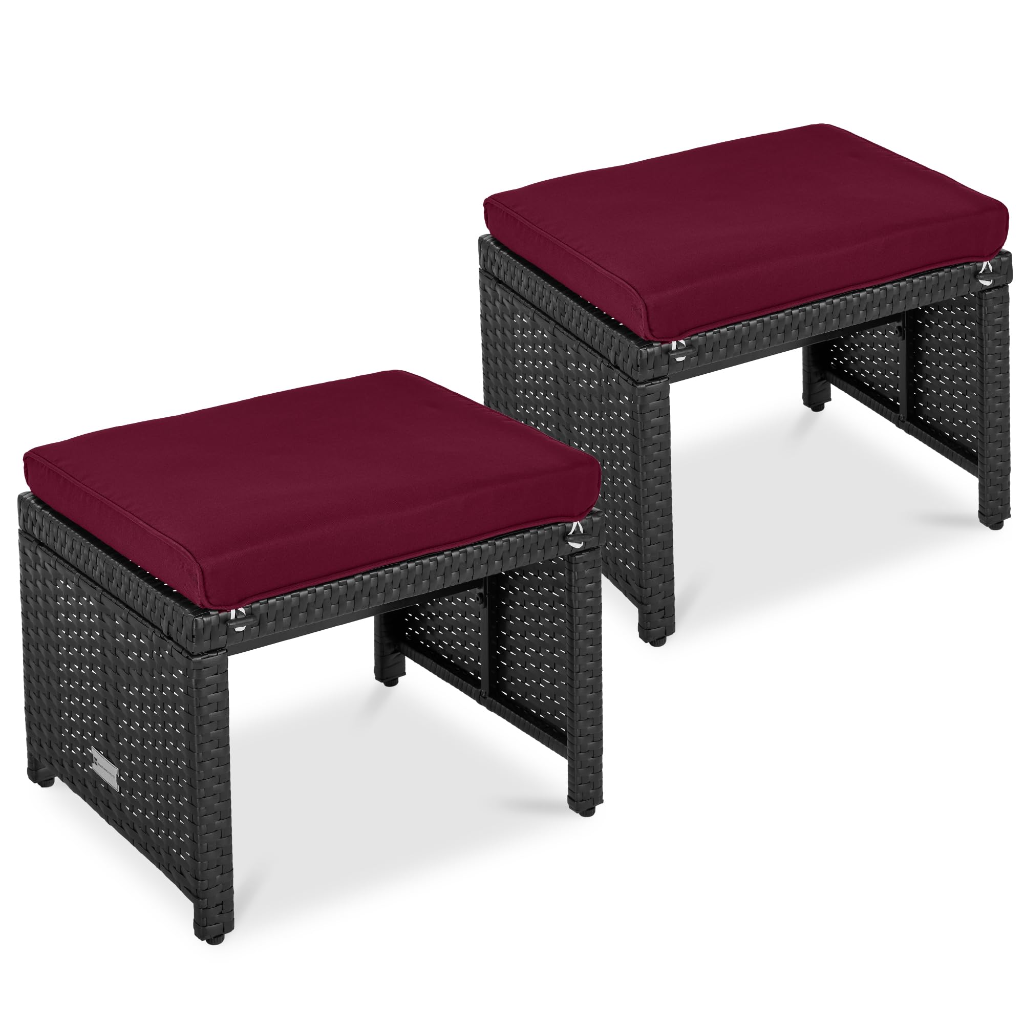 Best Choice Products Set of 2 Wicker Ottomans, Multipurpose Outdoor Furniture for Patio, Backyard, Additional Seating, Footrest, Side Table w/Removable Cushions, Steel Frame - Brown/Tan