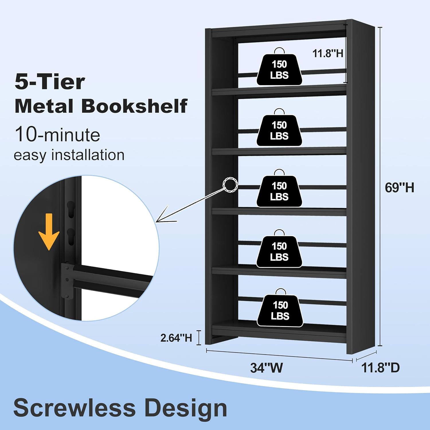 69" Black 5-Tier Heavy-Duty Industrial Metal Bookshelf, Wide Storage Display Shelving for Home & Office