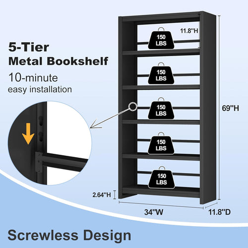 69" Black 5-Tier Heavy-Duty Industrial Metal Bookshelf, Wide Storage Display Shelving for Home & Office