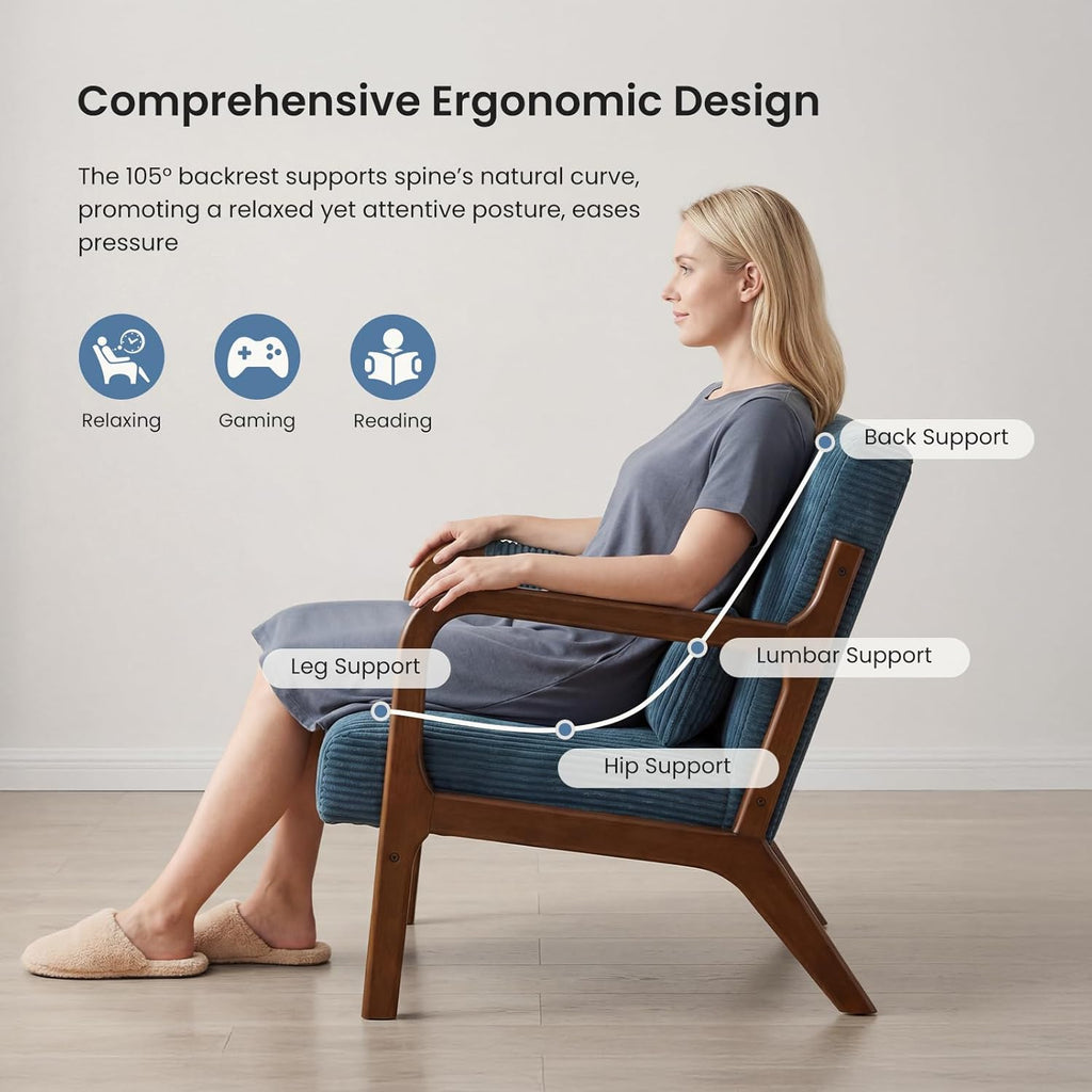 DUMOS Mid Century Modern Accent Chair, Upholstered Armchair with Lumbar Pillow and Solid Wood Frame, Comfy Reading Chair for Small Living Room, Bedroom, Guest Room, Navy Blue