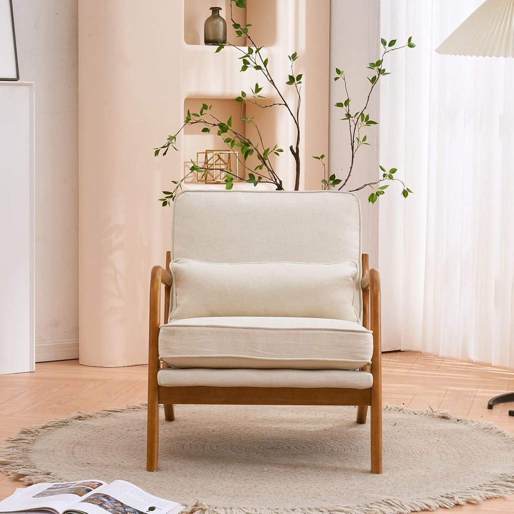 Bonnlo Set of 2 Beige Mid-Century Fabric Accent Chairs, Solid Wood Arm Lounge Chairs for Living Room Bedroom