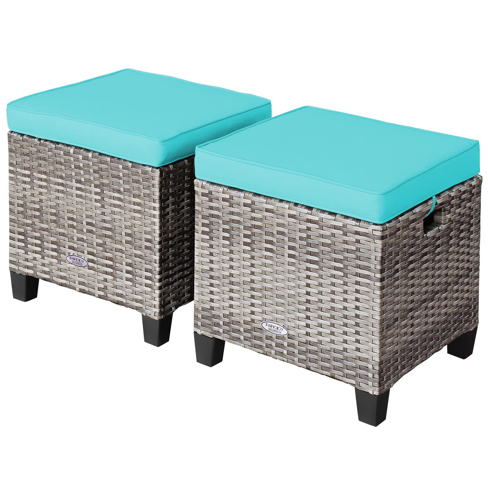 RELAX4LIFE 2-Piece Patio Ottoman Set - Wicker Footstools, All Weather PE Rattan Ottoman with Removable Cushions, Square Footrest Seat, Outdoor Stools for Garden, Porch, Pouf Ottoman (Brown)