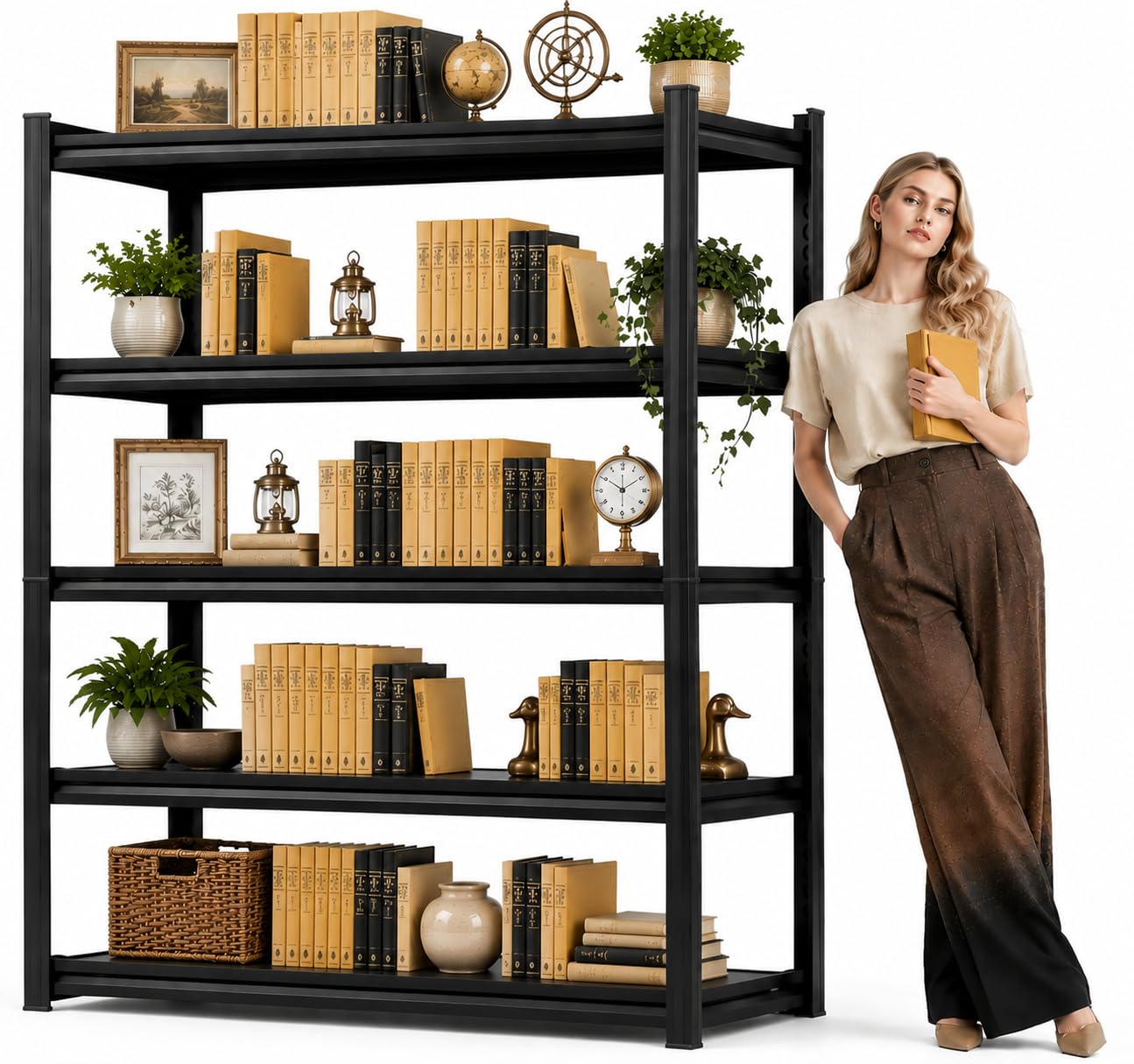 5 Tier Metal Bookshelf with Anti-Drop Fence, 72" H Adjustable Tall Bookcase, Heavy Duty 3000 LBS Modern Deep Book Shelf, Bolt-Free Storage Shelves for Living Room, Home Office, Garage