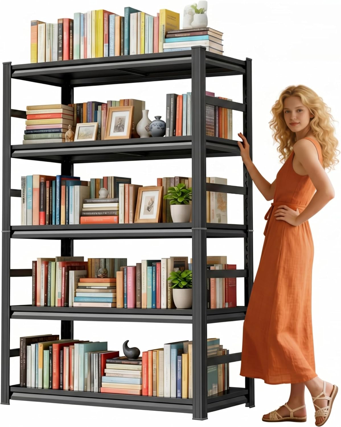 Bolt-Free 5 Tier Metal Bookshelf, 71"H Adjustable Tall Bookcase with Anti-Drop Fence, 1500LBS Heavy Duty Deep Book Shelf, Large Office Bookshelf, Modern Storage Shelves for Bedroom, LivingRoom, Garage