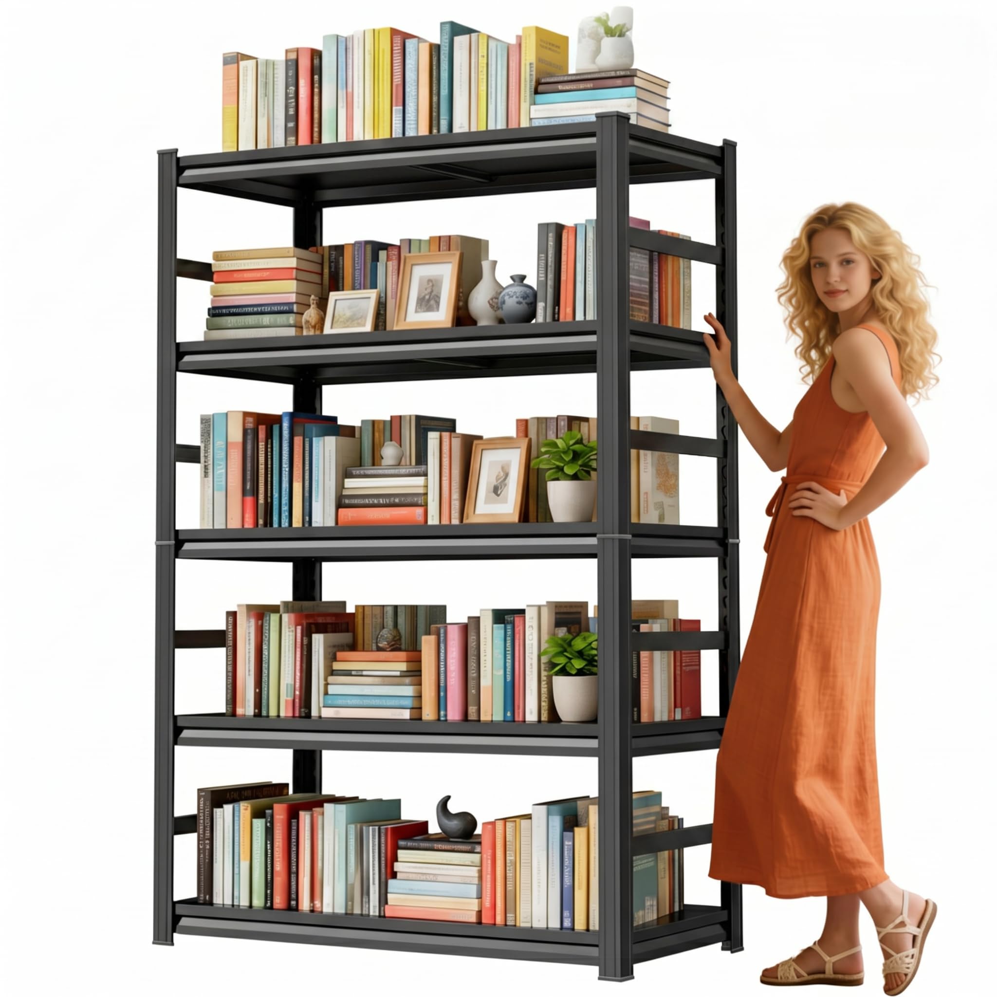 Bolt-Free 5 Tier Metal Bookshelf, 71"H Adjustable Tall Bookcase with Anti-Drop Fence, 1500LBS Heavy Duty Deep Book Shelf, Large Office Bookshelf, Modern Storage Shelves for Bedroom, LivingRoom, Garage