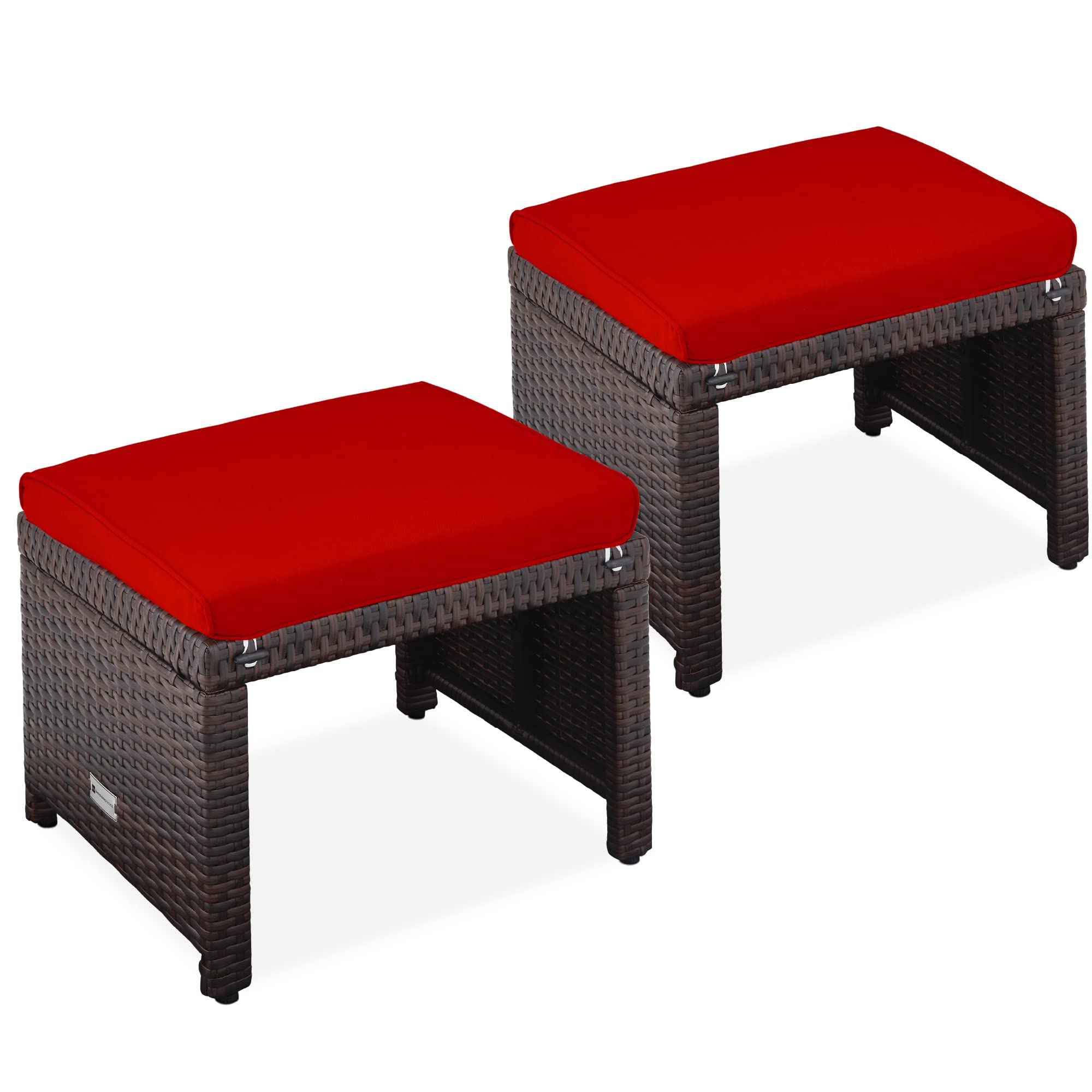 Best Choice Products Set of 2 Wicker Ottomans, Multipurpose Outdoor Furniture for Patio, Backyard, Additional Seating, Footrest, Side Table w/Removable Cushions, Steel Frame - Brown/Tan