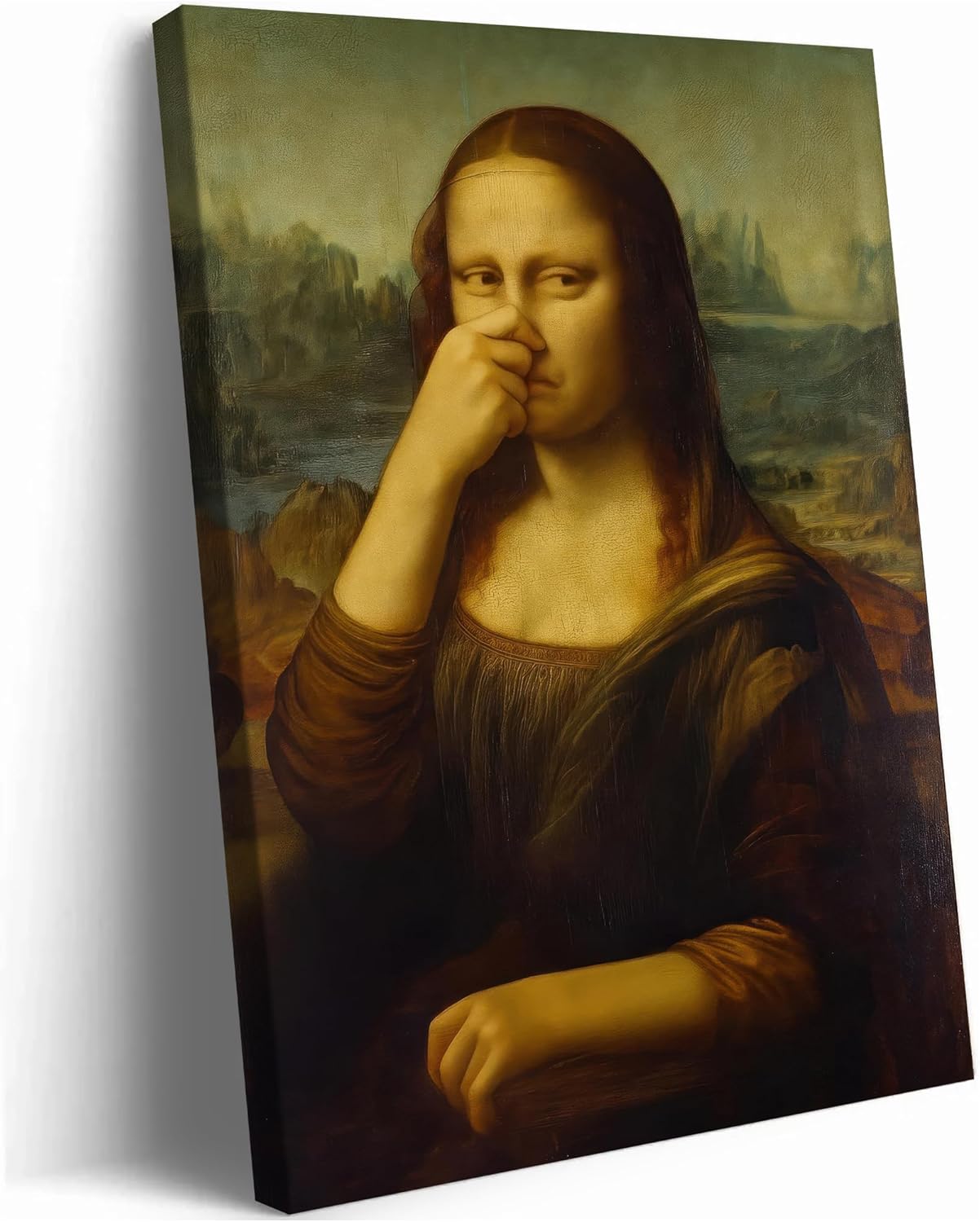 16"×24" Funny Pinching Nose Mona Lisa Canvas Wall Art, Vintage Humor Bathroom Decor Poster