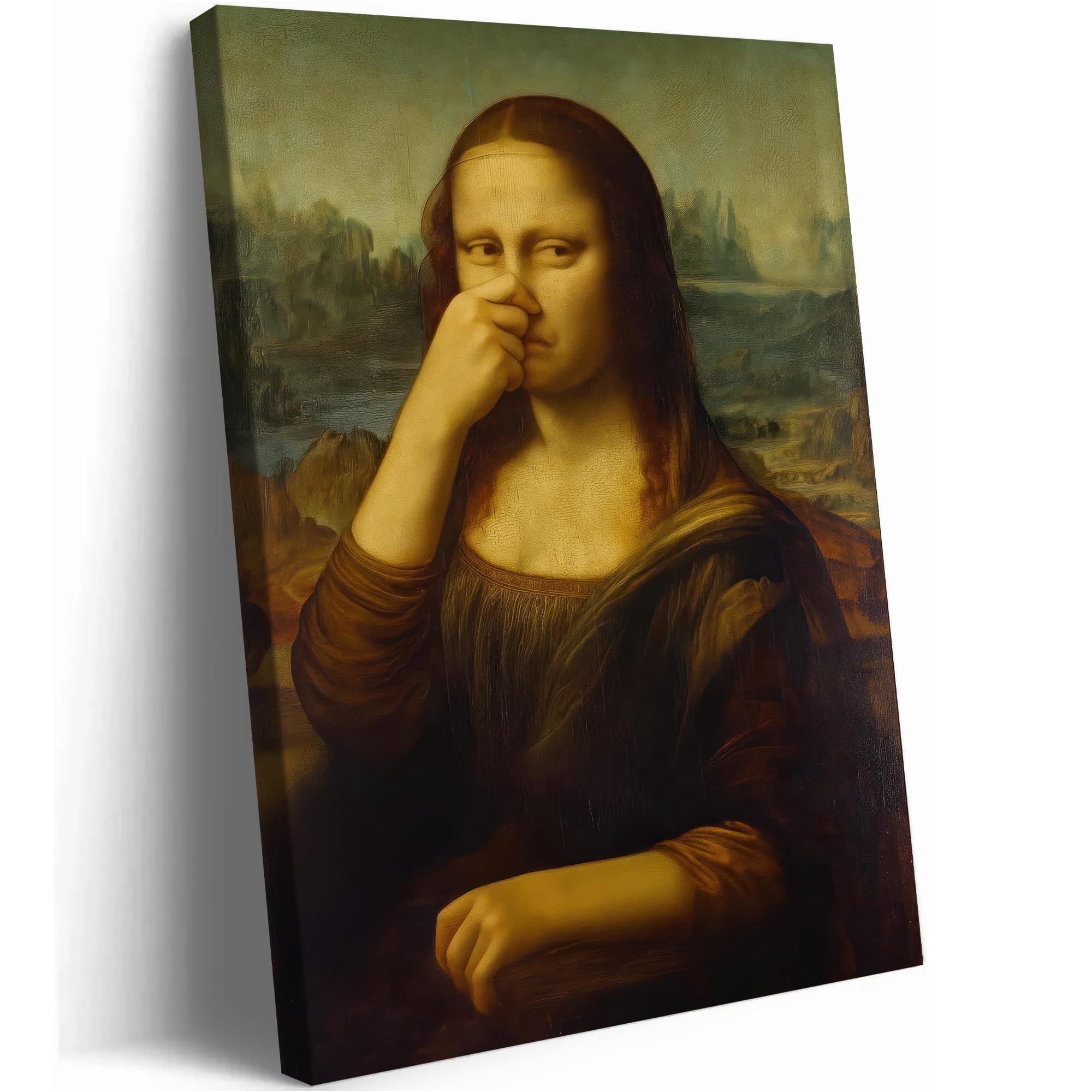 16"×24" Funny Pinching Nose Mona Lisa Canvas Wall Art, Vintage Humor Bathroom Decor Poster