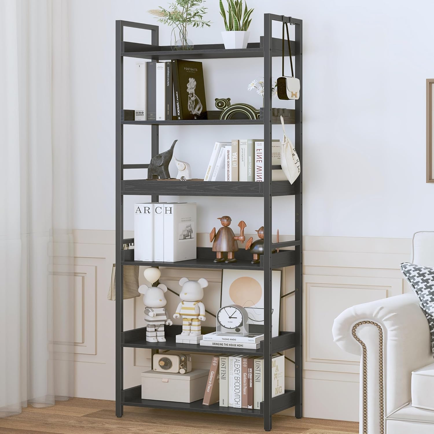 HCHQHS 6 Tier Bookshelf, Adjustable Industrial Bookcase, Vertical Tall Book Shelf, Wood and Black Metal Open Bookshelves for Home Office, Living Room, Bedroom, 70 Inch