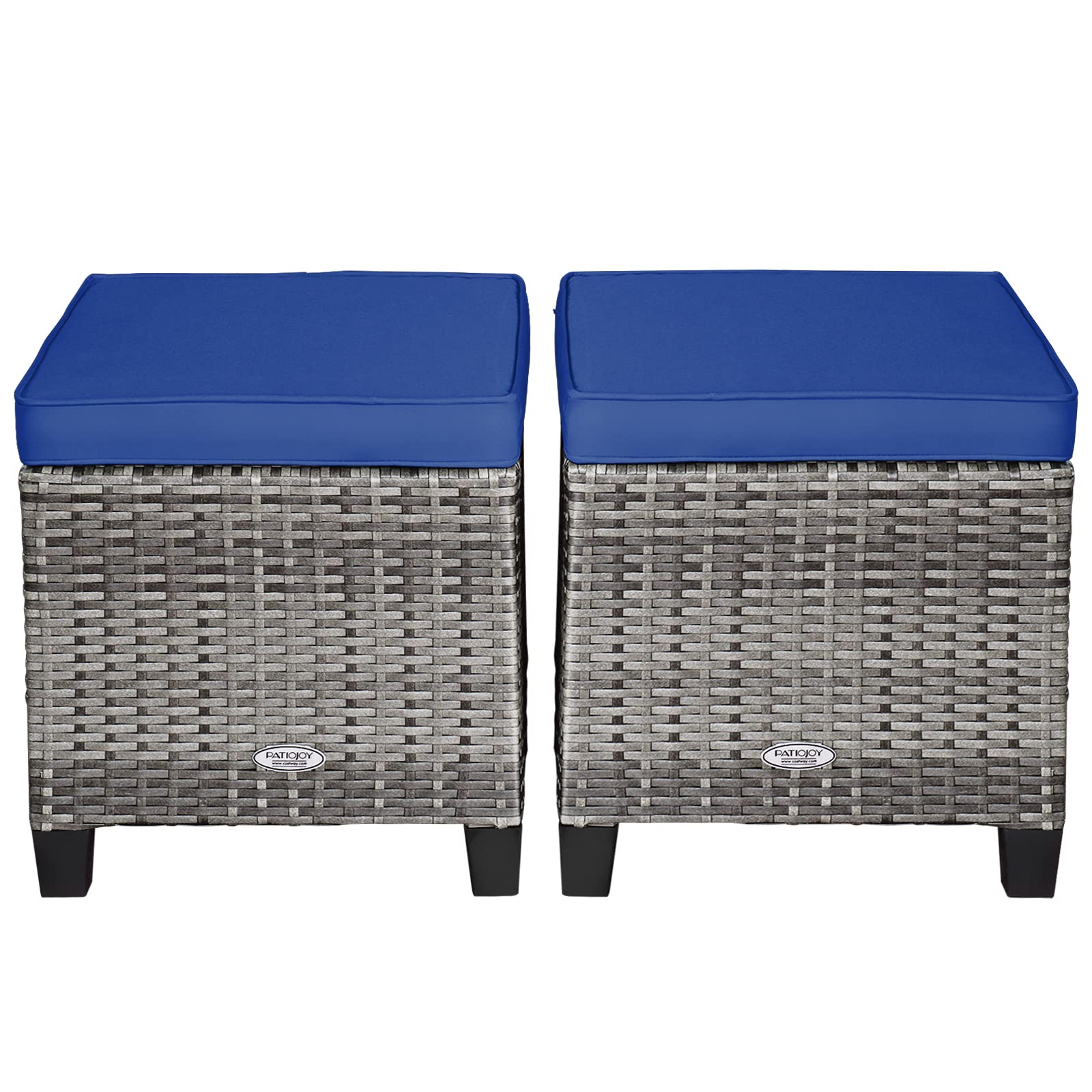 RELAX4LIFE 2-Piece Patio Ottoman Set - Wicker Footstools, All Weather PE Rattan Ottoman with Removable Cushions, Square Footrest Seat, Outdoor Stools for Garden, Porch, Pouf Ottoman (Brown)